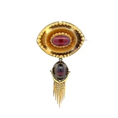 Vintage Victorian Cabochon Garnet Gold 1860s Antique Brooch Pin
