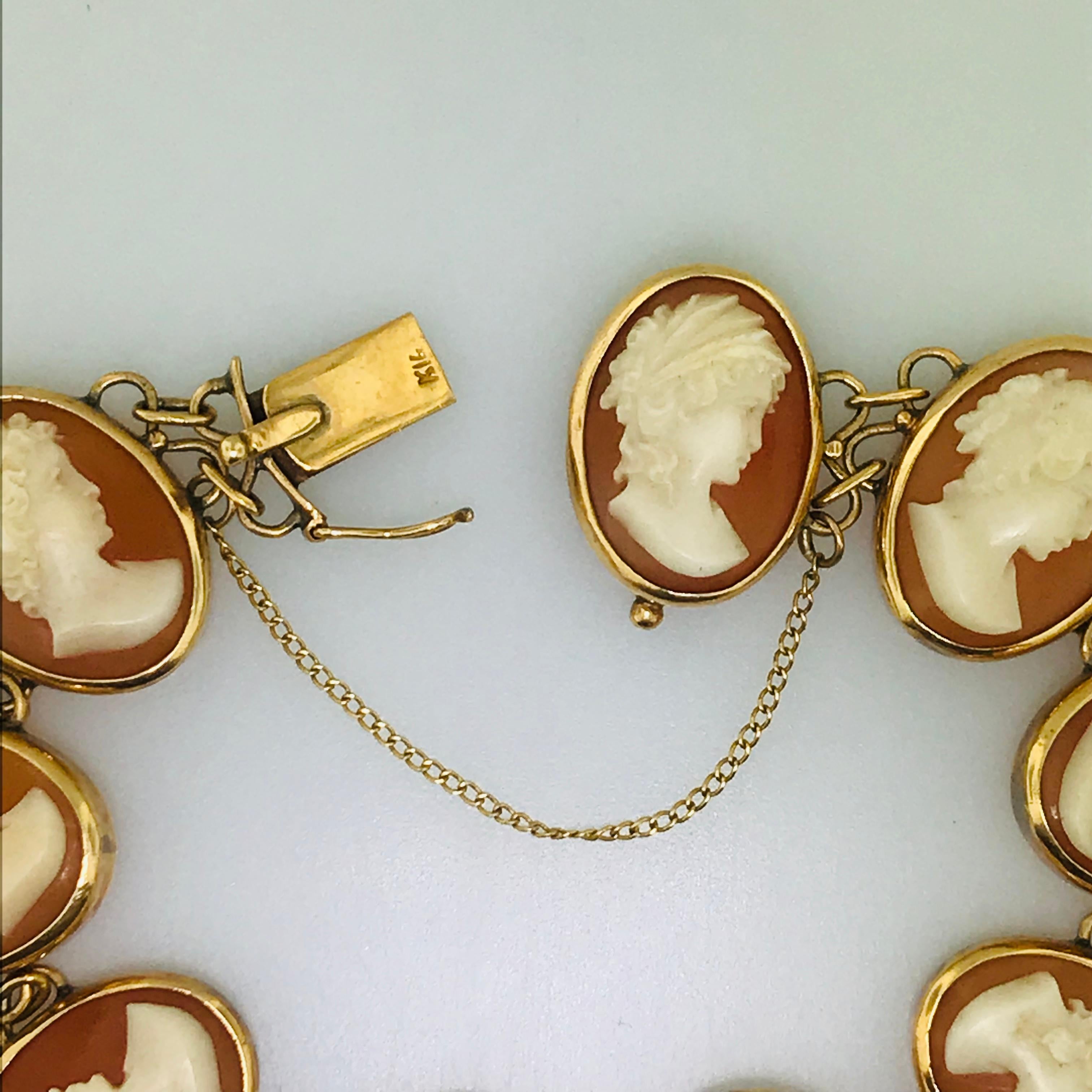 Oval Cut Vintage Victorian Cameo Bracelet in 14 Karat Yellow Gold and Carved Carnelian