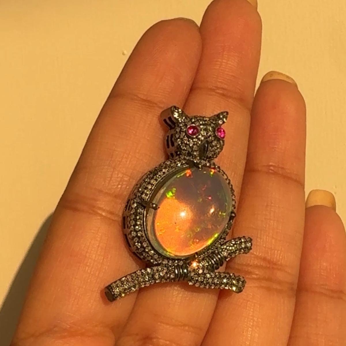 Vintage Victorian Style Opal Ruby Stone Diamond Owl Brooch Silver Unisex Pin in sterling silver which is a fusion of surrealism and owl, designed to make a bold statement. Crafted with love and attention to detail, this features 11.65 carats of