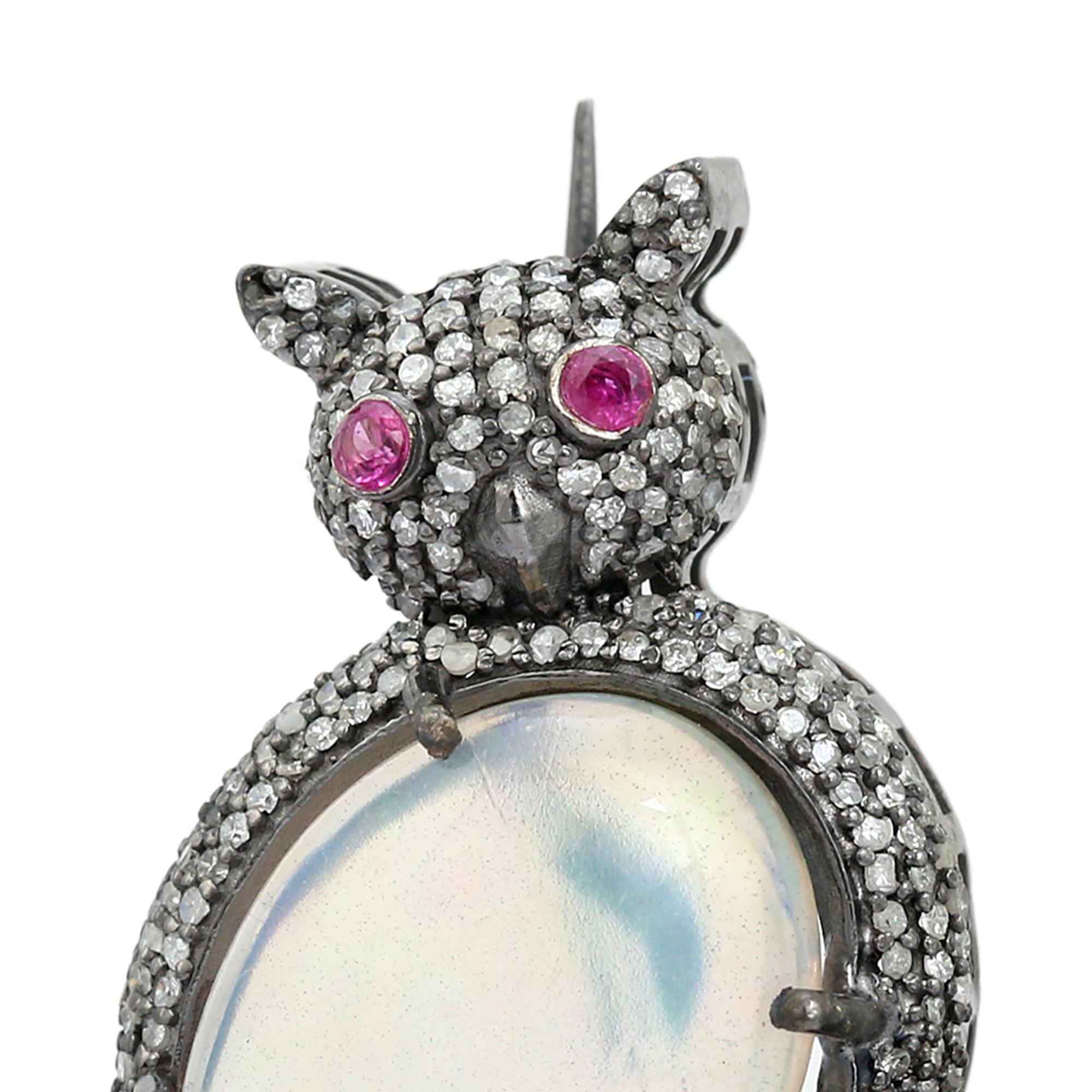 Mixed Cut Vintage Victorian Style Opal Ruby Stone Diamond Owl Brooch Silver Unisex Pin For Sale