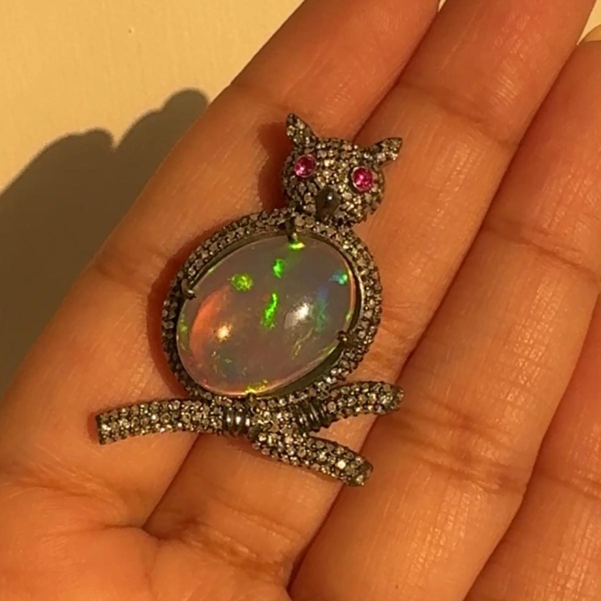 Vintage Victorian Style Opal Ruby Stone Diamond Owl Brooch Silver Unisex Pin In New Condition For Sale In New York, NY
