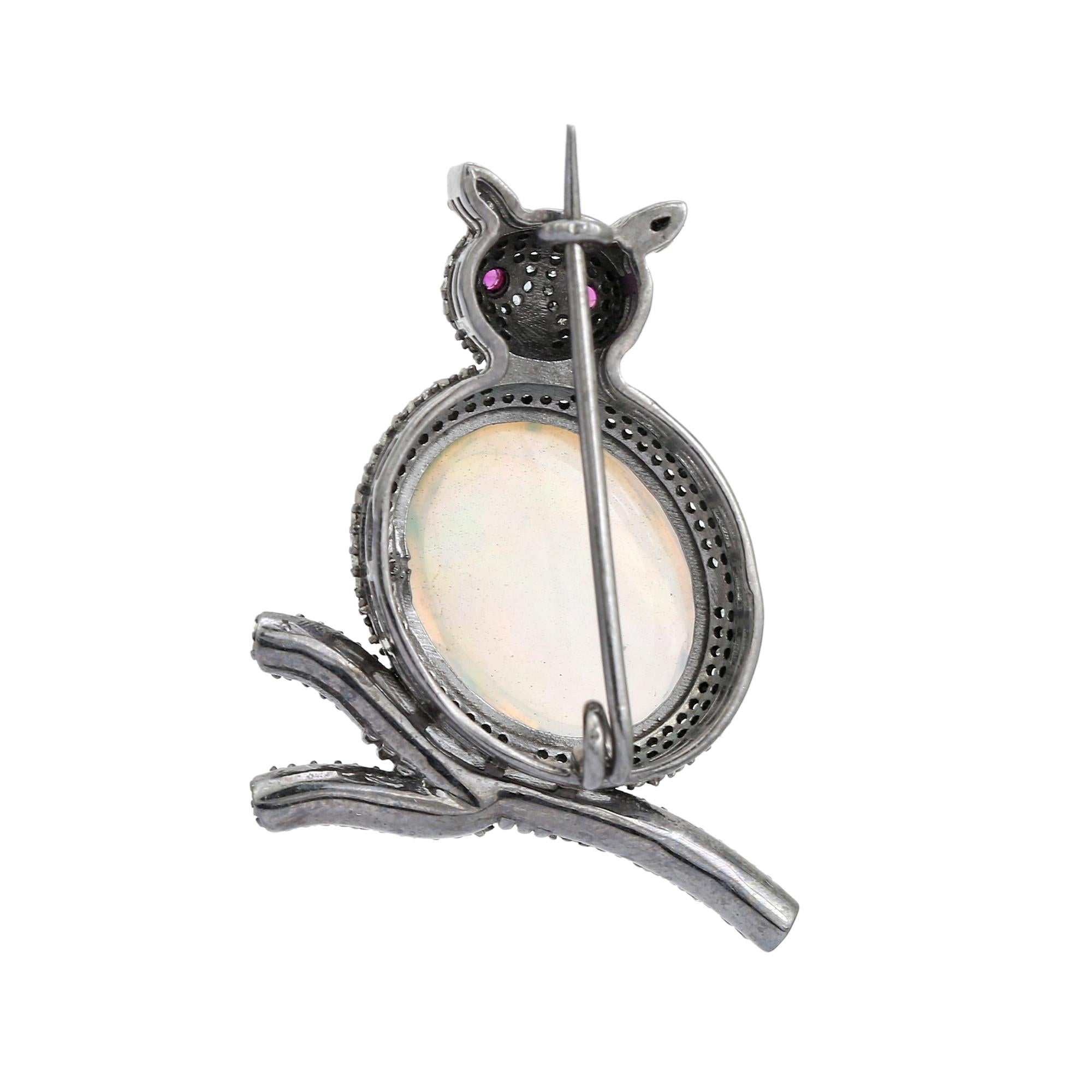 Vintage Victorian Style Opal Ruby Stone Diamond Owl Brooch Silver Unisex Pin For Sale 2