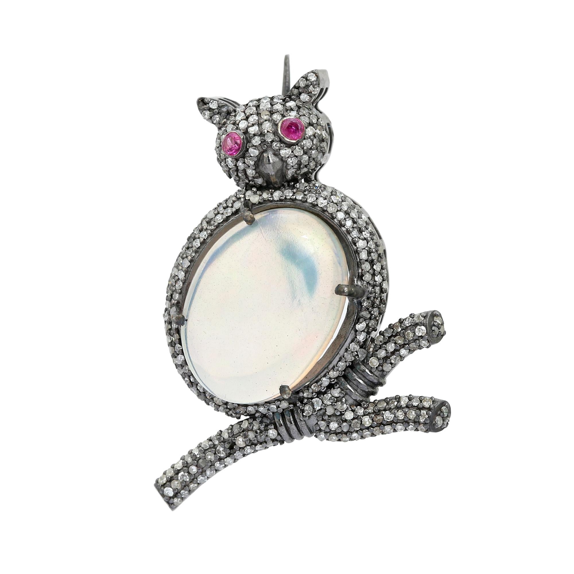 Vintage Victorian Style Opal Ruby Stone Diamond Owl Brooch Silver Unisex Pin For Sale 3