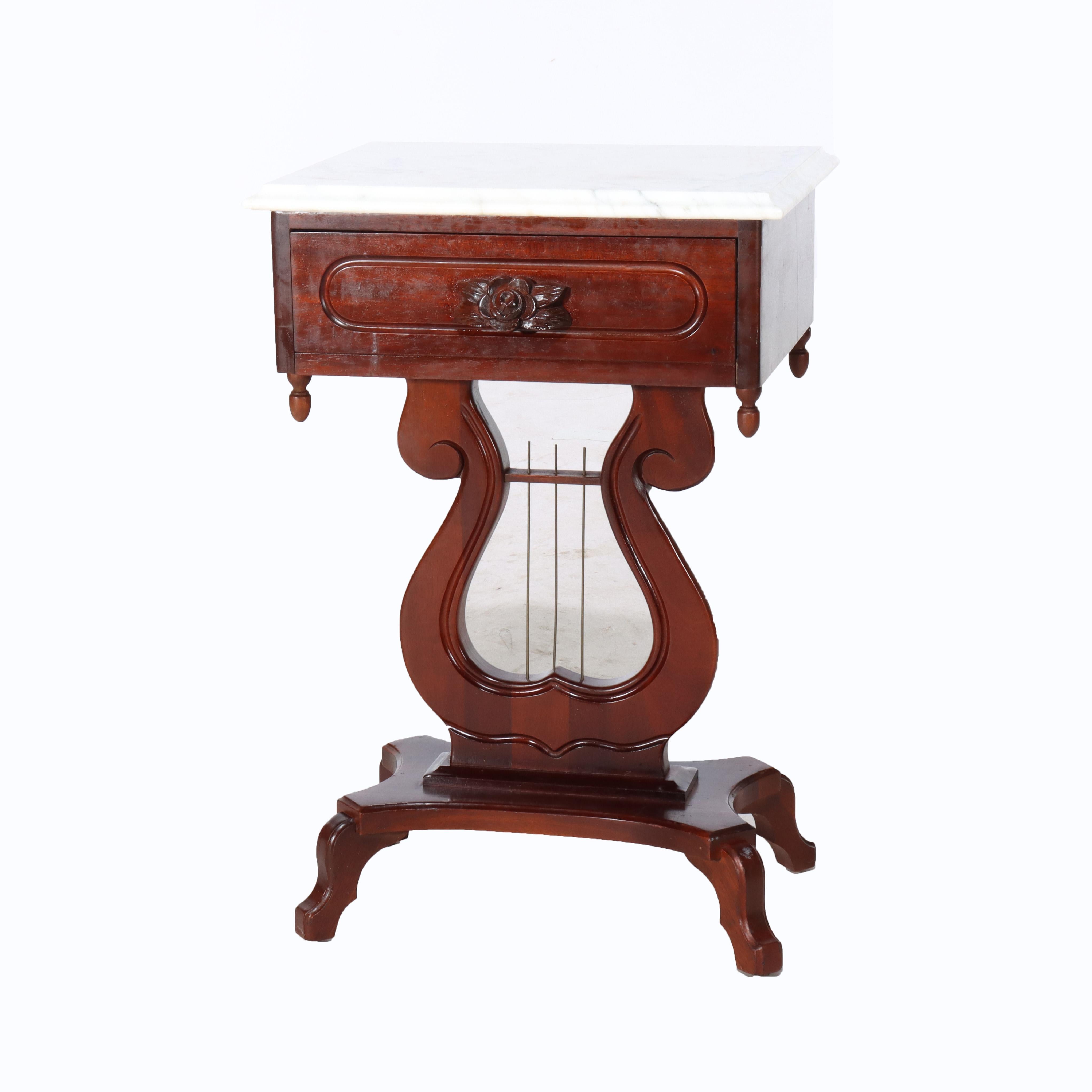 ***Reduced In-House Delivery Rates - Click on “Ask Seller” to Request a Quote***
Vintage Victorian Carved Walnut Lyre Shaped Marble Top Table c1930 (27 1/2