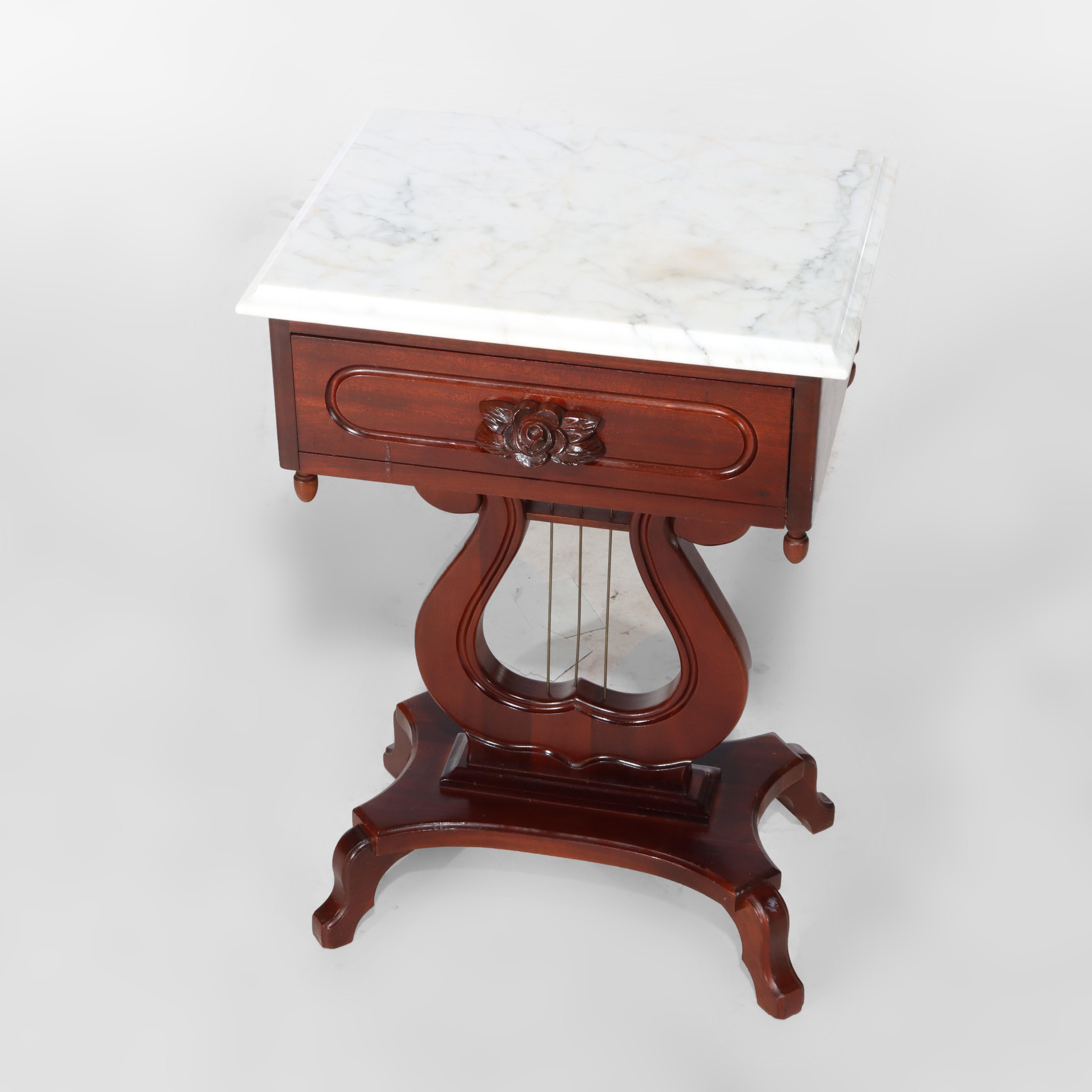 Vintage Victorian Carved Walnut Lyre Shaped Marble Top Table c1930 In Good Condition For Sale In Big Flats, NY