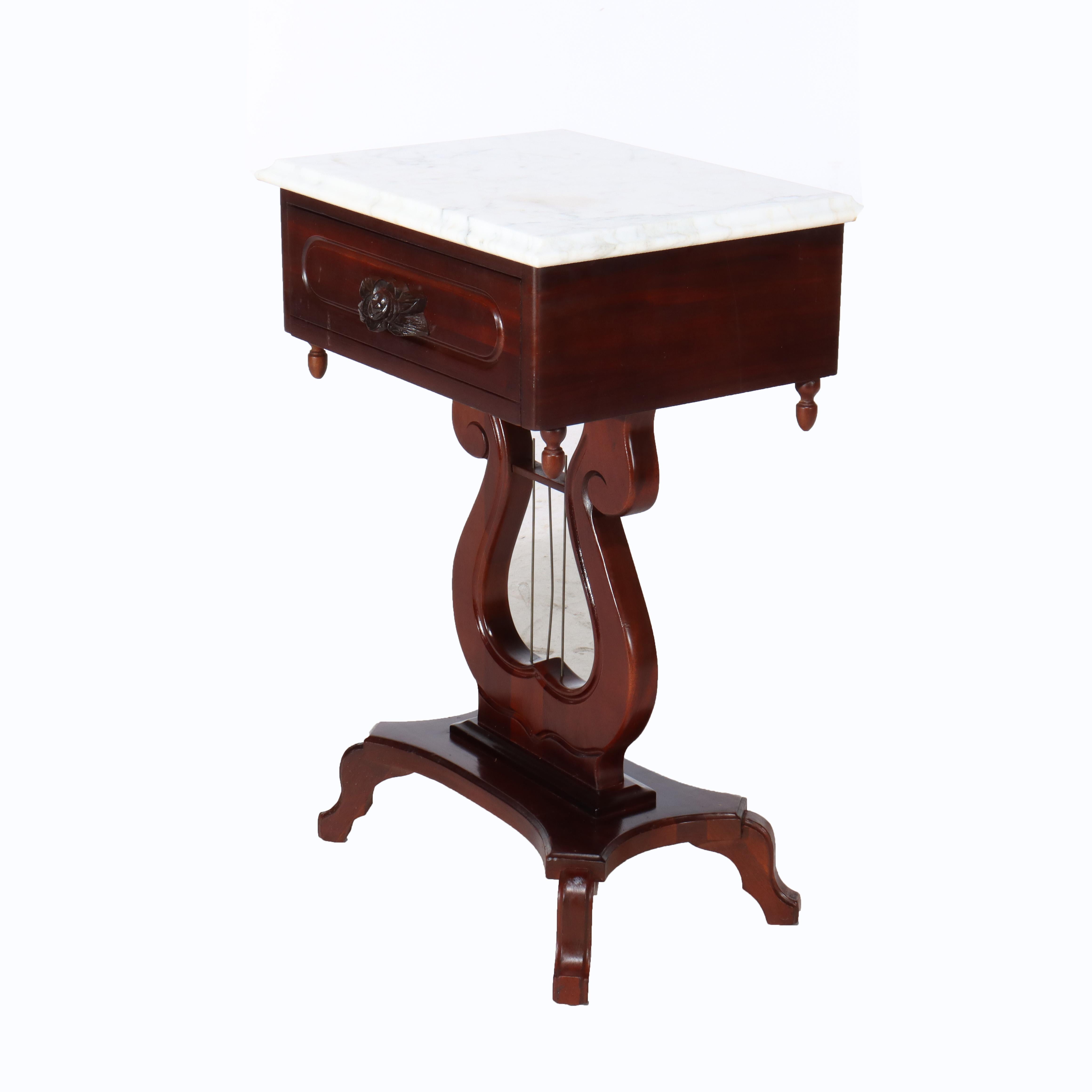 20th Century Vintage Victorian Carved Walnut Lyre Shaped Marble Top Table c1930 For Sale