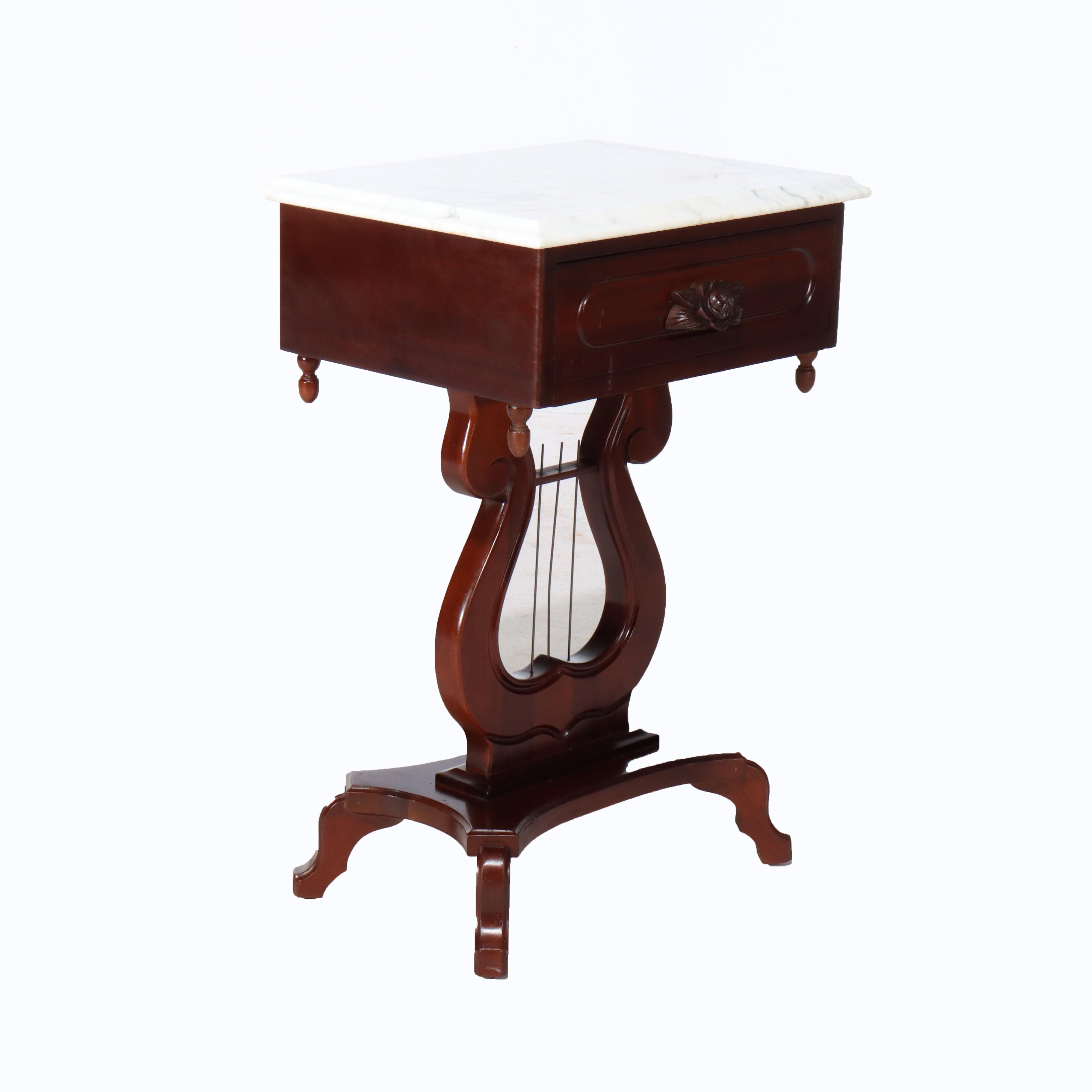 Vintage Victorian Carved Walnut Lyre Shaped Marble Top Table c1930 For Sale 4