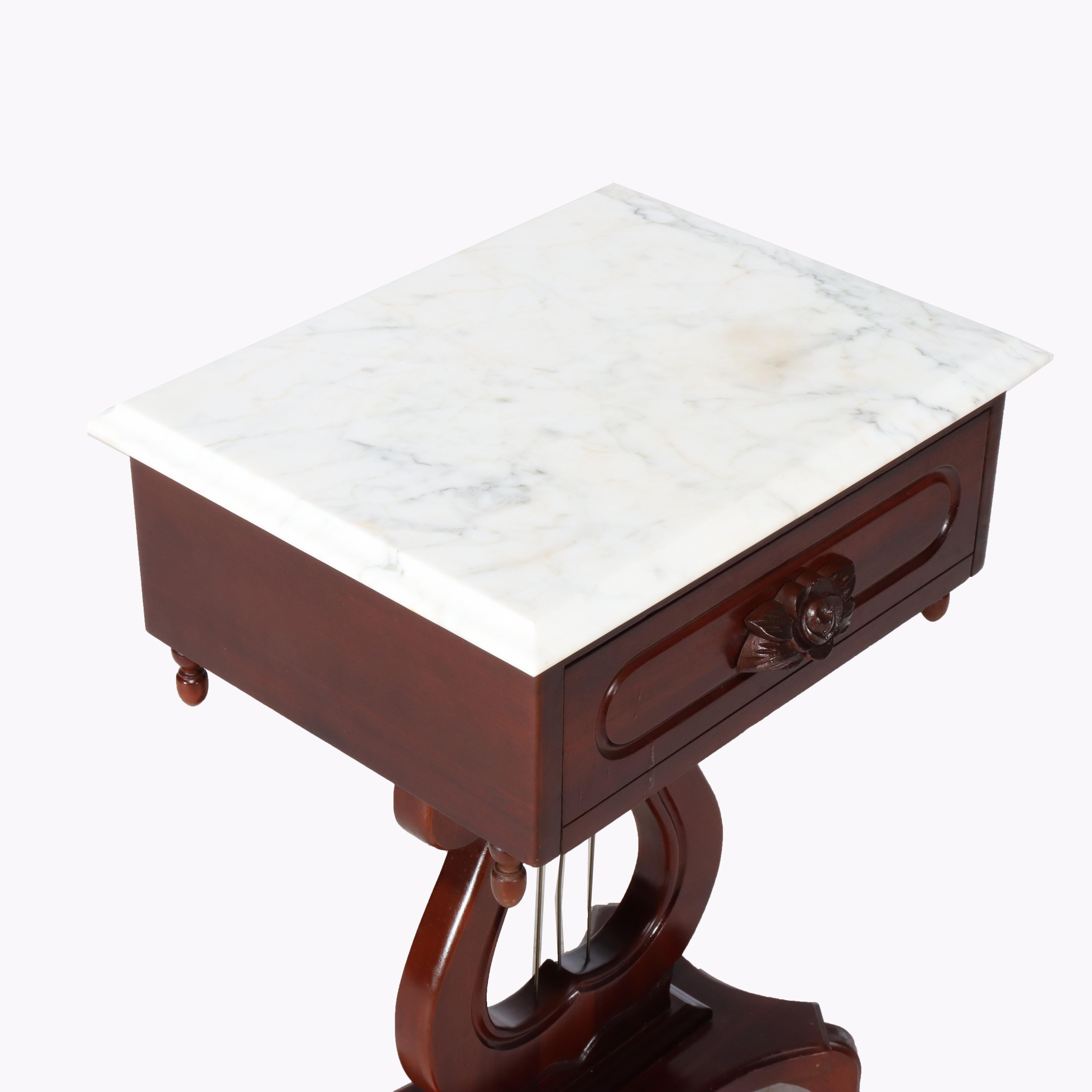 Vintage Victorian Carved Walnut Lyre Shaped Marble Top Table c1930 For Sale 5