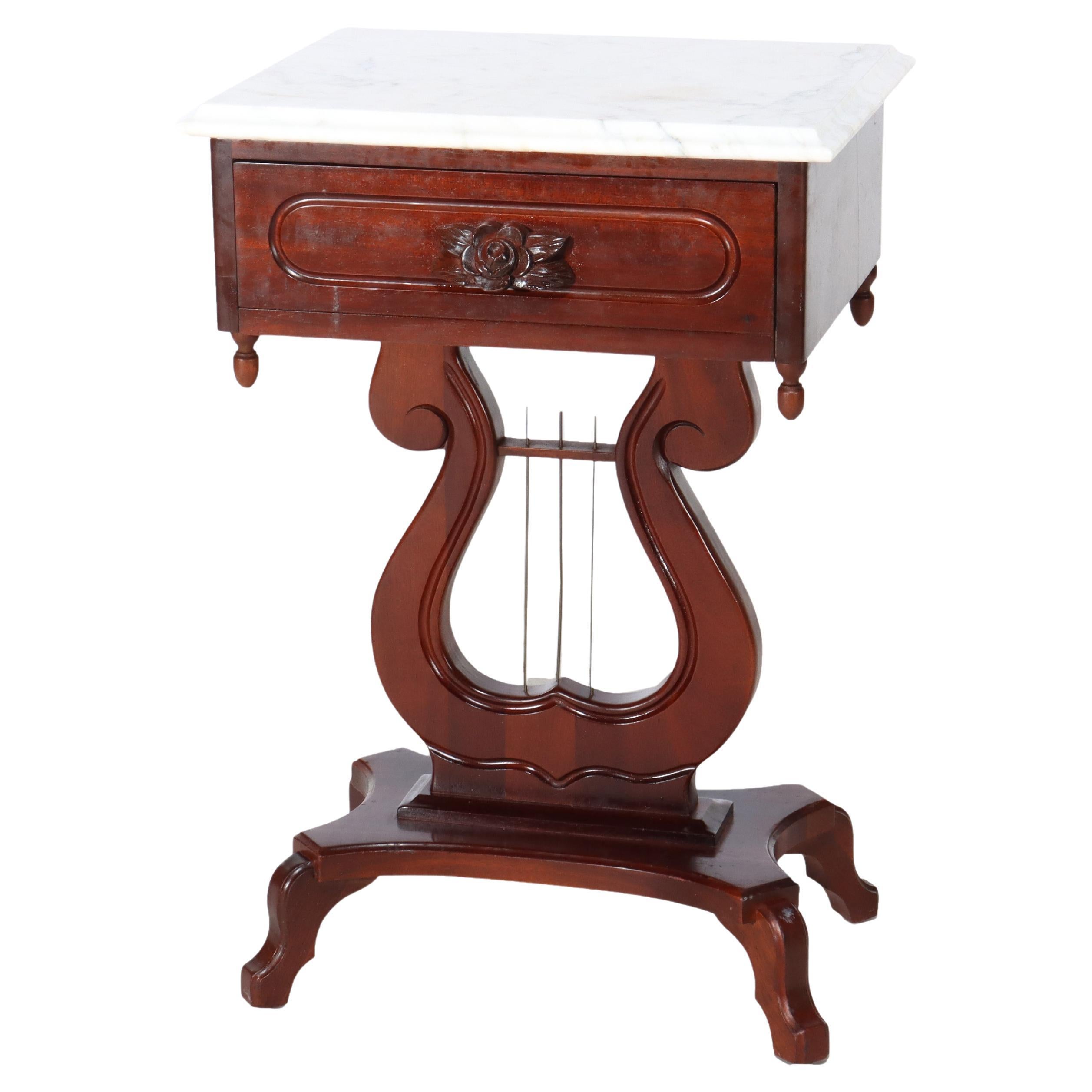 Vintage Victorian Carved Walnut Lyre Shaped Marble Top Table c1930 For Sale