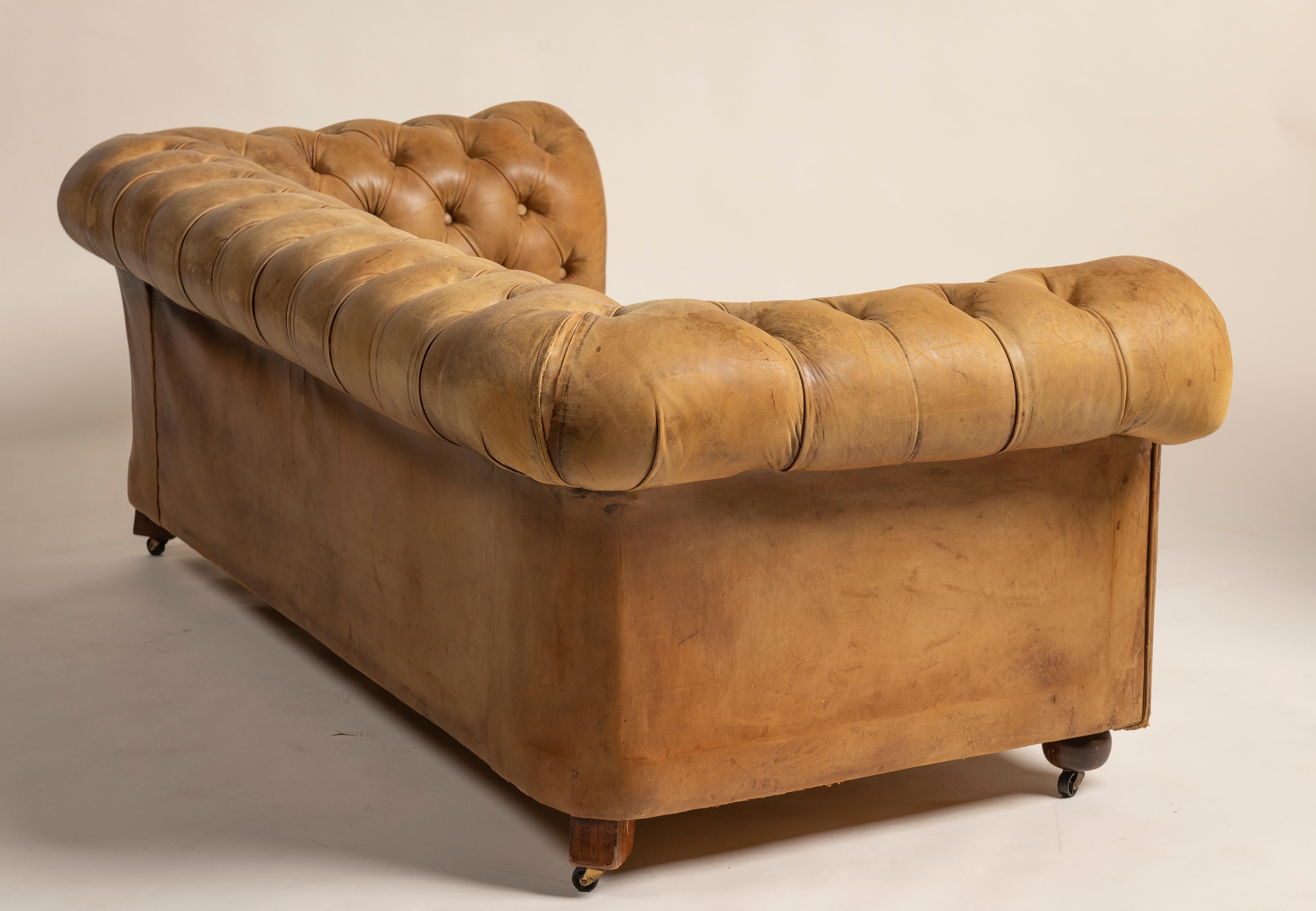 Divano Chesterfield vittoriano d'epoca in pelle color tabacco, 1900 in vendita 3