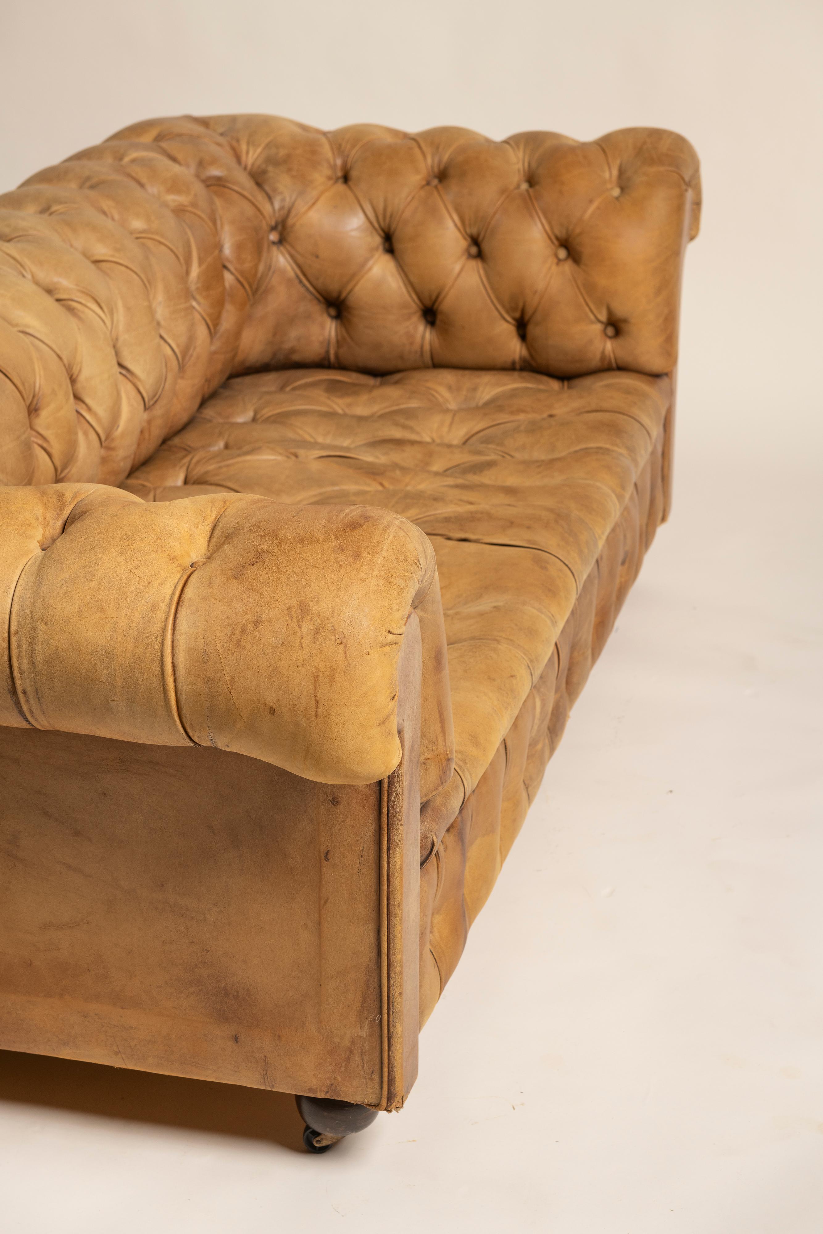 Divano Chesterfield vittoriano d'epoca in pelle color tabacco, 1900 in vendita 4
