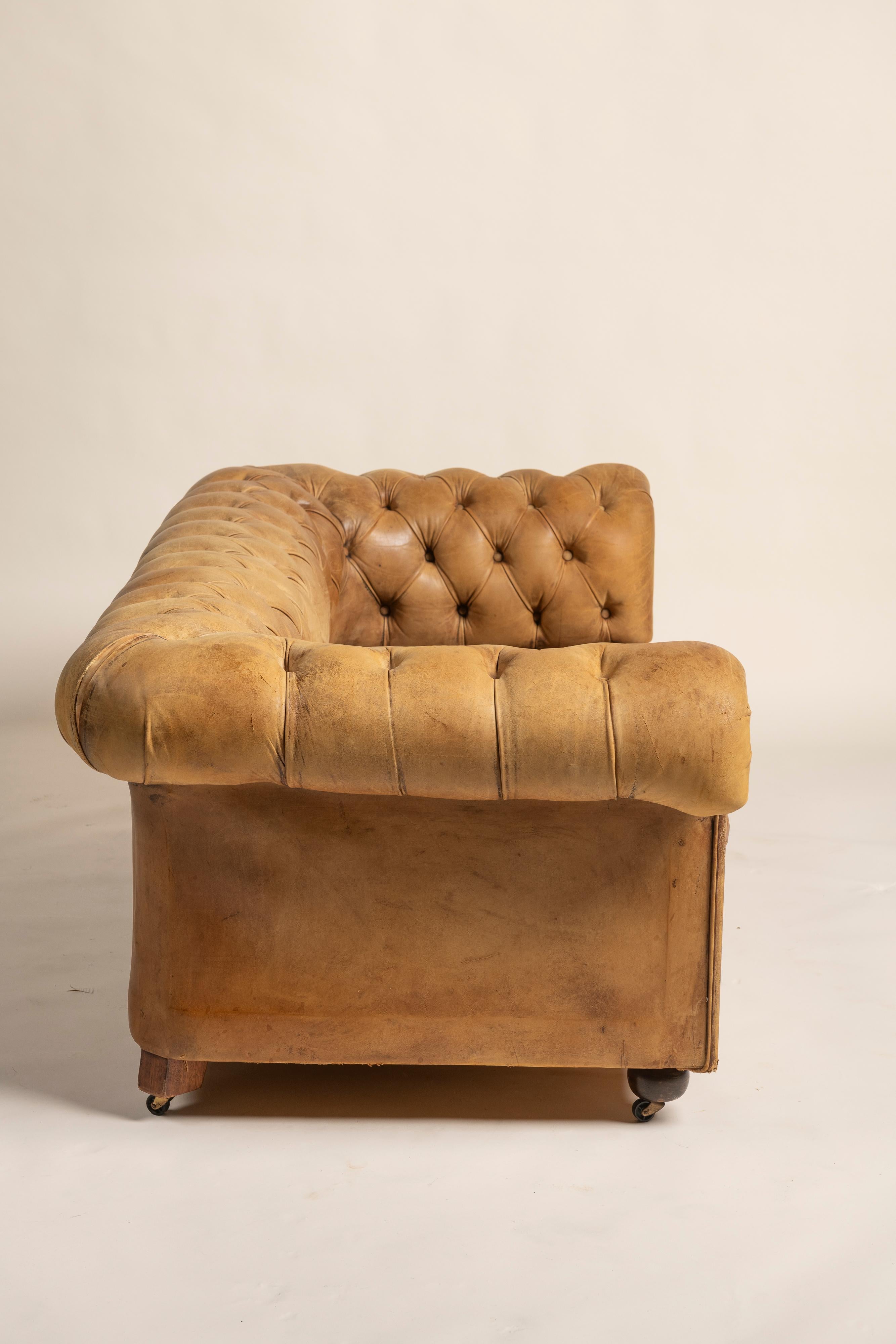 Divano Chesterfield vittoriano d'epoca in pelle color tabacco, 1900 in vendita 5