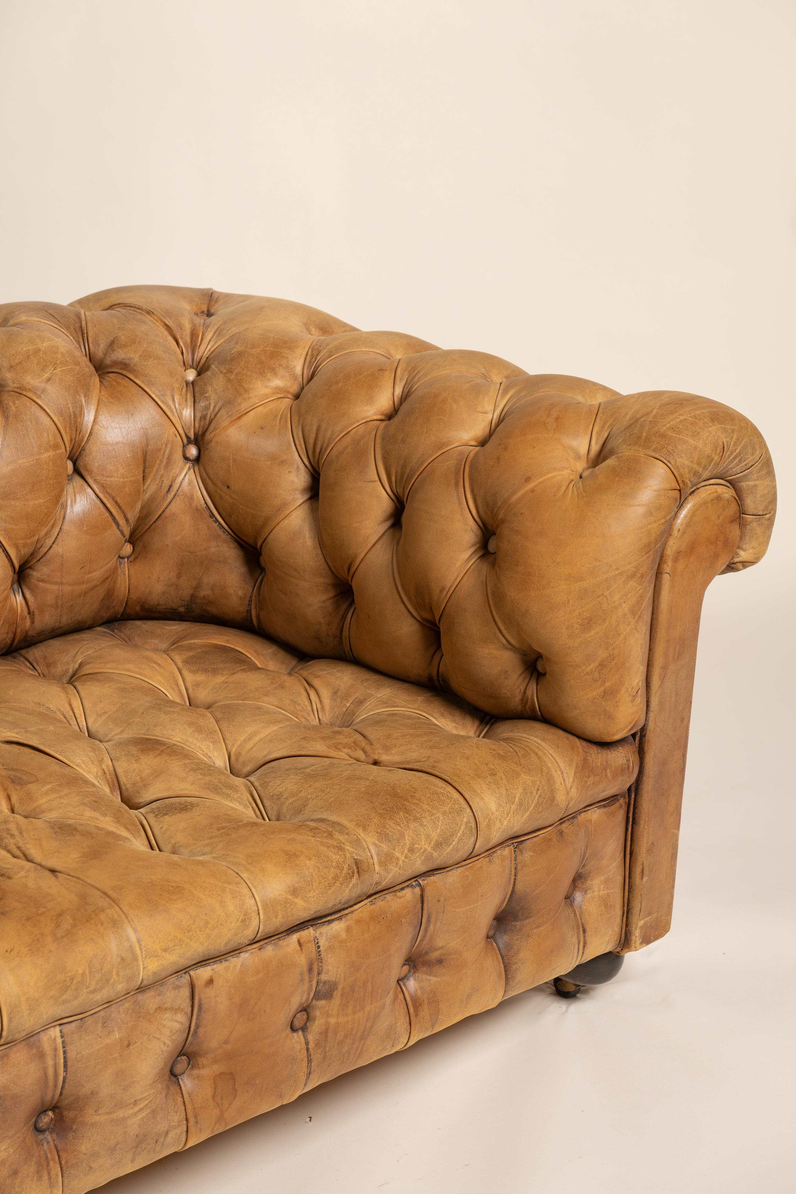 Divano Chesterfield vittoriano d'epoca in pelle color tabacco, 1900 In condizioni buone in vendita a San Francisco, CA