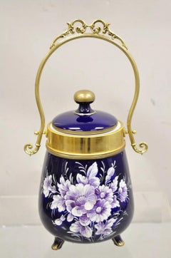 Vintage Victorian Cobalt Blue Porcelain Lidded Cookie Biscuit Jar Purple Flowers