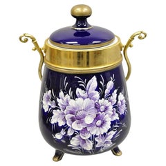 Vintage Victorian Cobalt Blue Porcelain Lidded Cookie Biscuit Jar Purple Flowers