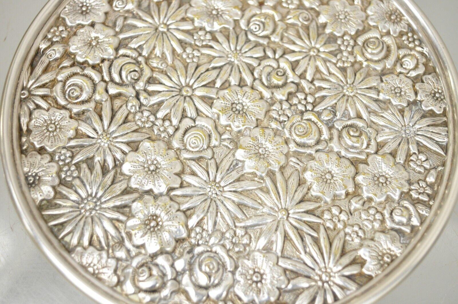 Vintage Victorian Debossed Flowers Floral Silver Plate Pot Trivet In Good Condition In Philadelphia, PA
