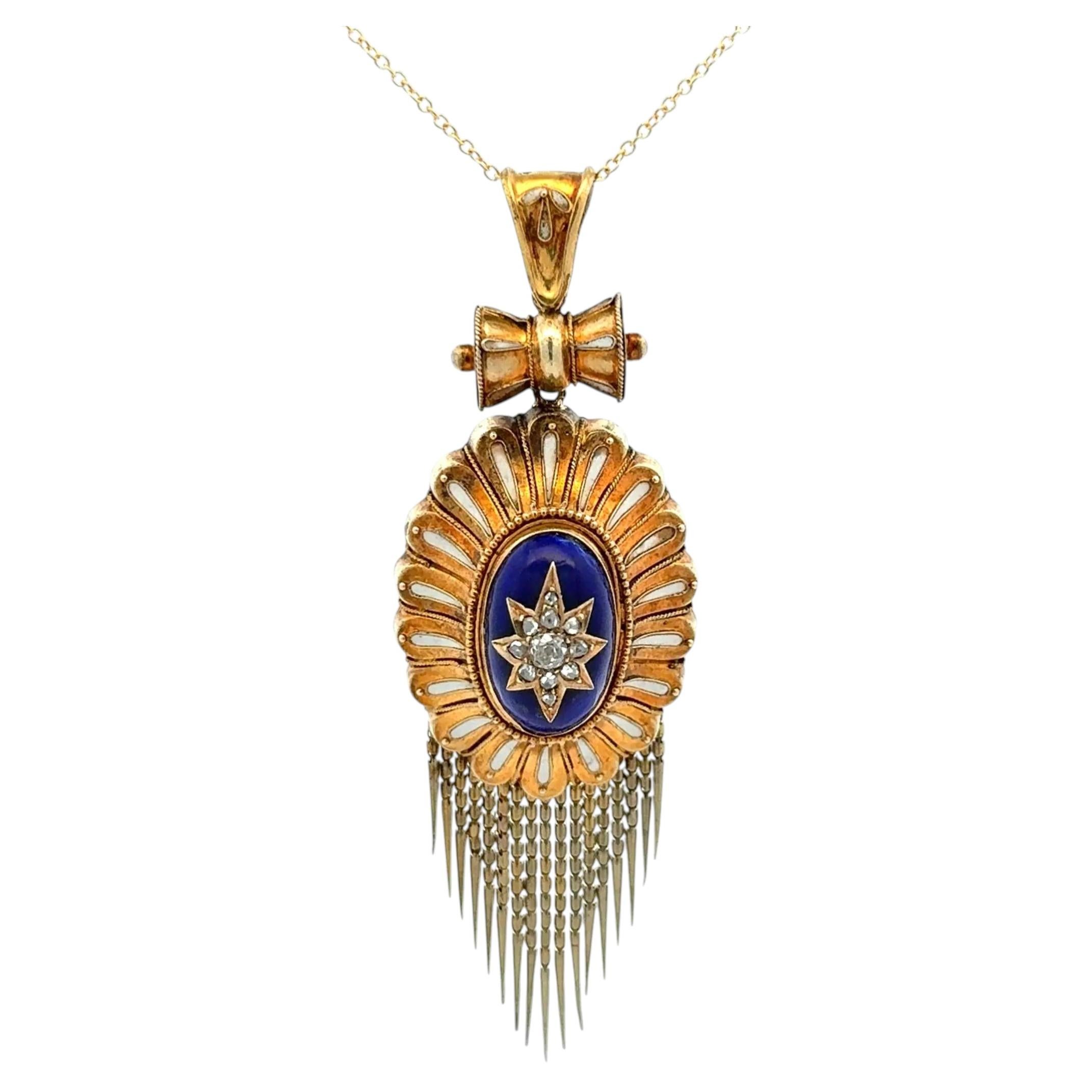 Vintage Victorian Diamond and Enamel Gold Tassel 1870s Pendant Necklace For Sale