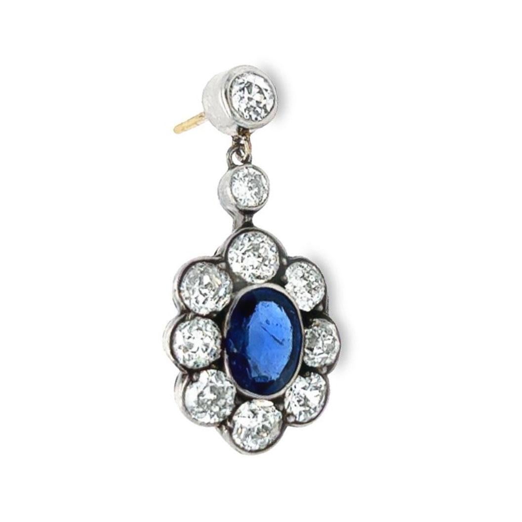 Victorian Estate Diamond and Sapphire Cluster Drop Earrings For Sale