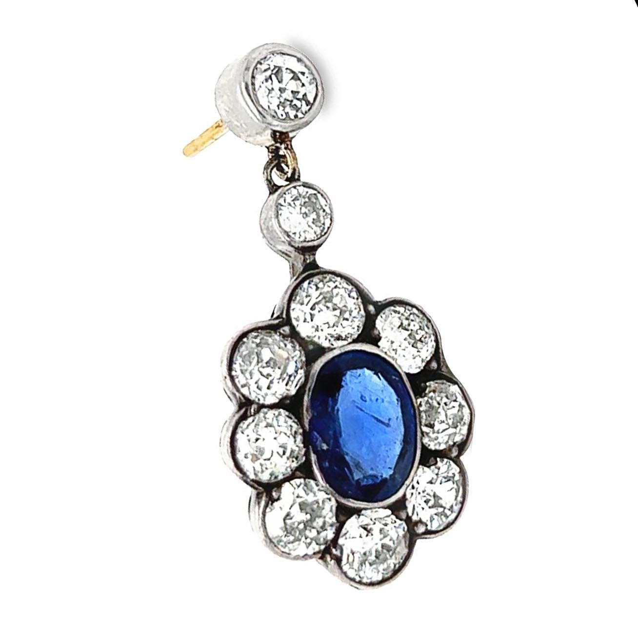 Old European Cut Estate Diamond and Sapphire Cluster Drop Earrings For Sale