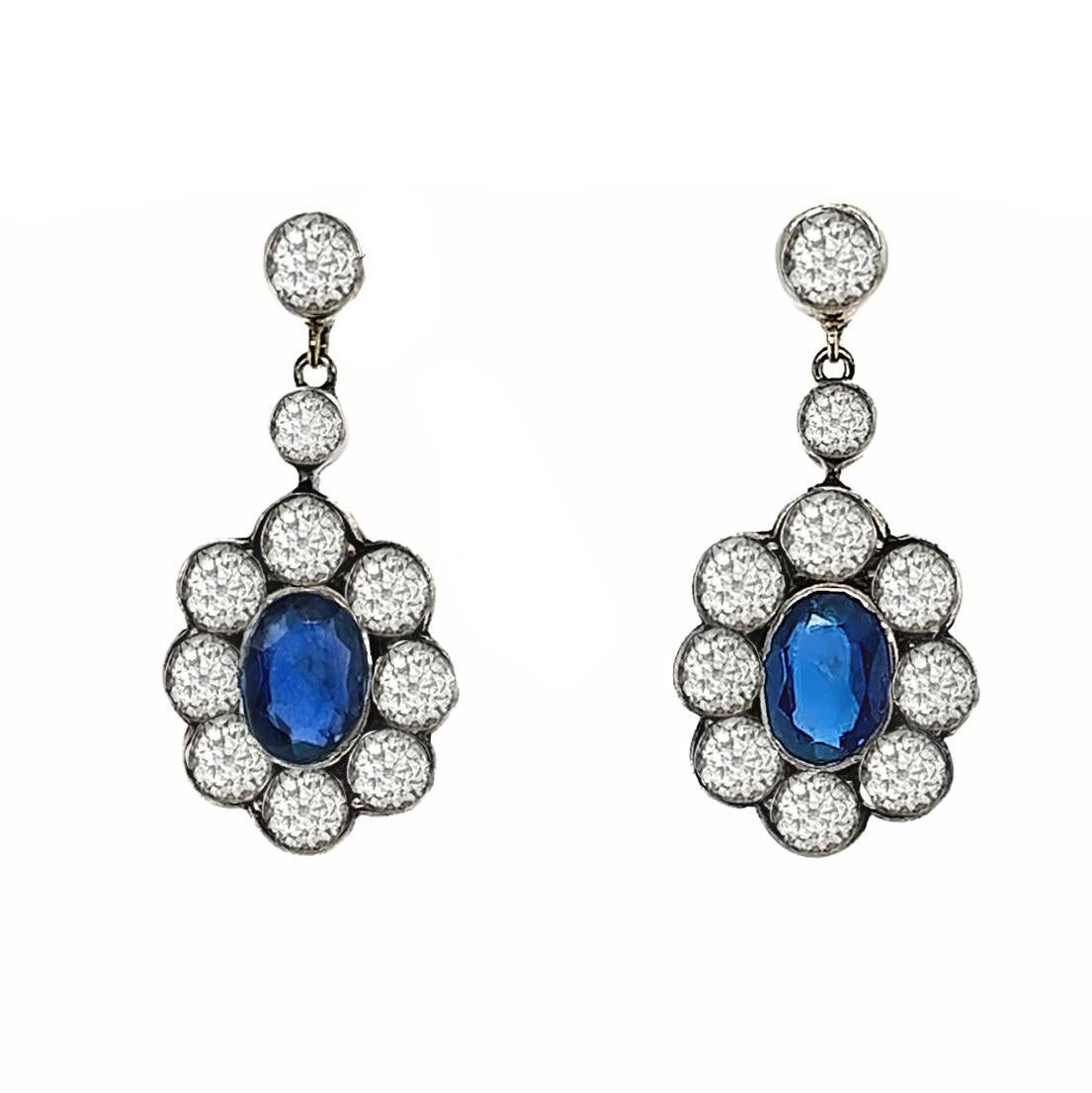 Estate Diamond and Sapphire Cluster Drop Earrings For Sale