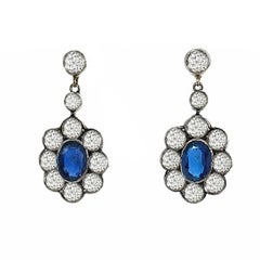 Vintage Estate Diamond and Sapphire Cluster Drop Earrings