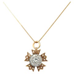 Vintage Victorian Diamond and Seed Pearl Gold Five Petal Flower Pendant Necklace