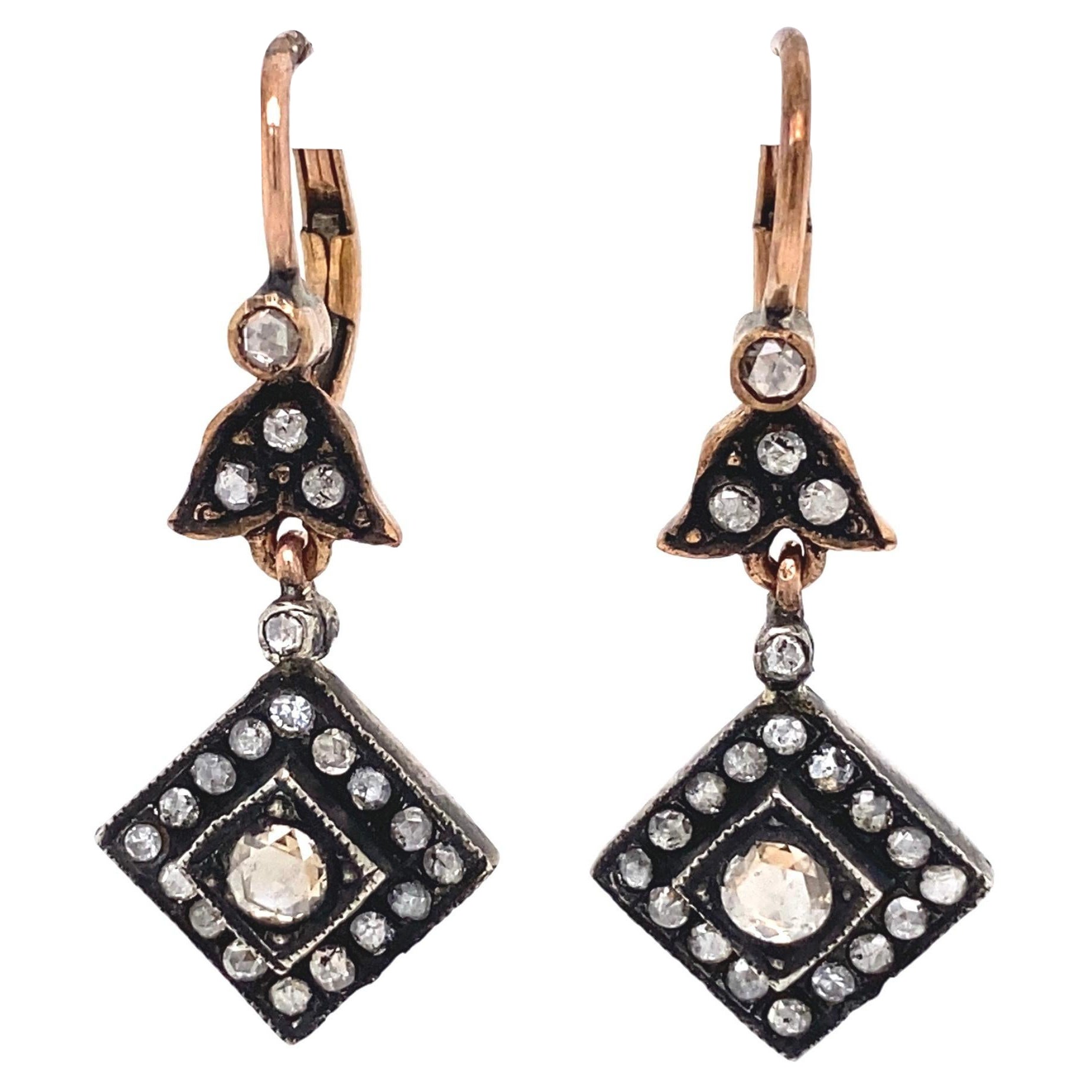 Boucles d'oreilles vintage victoriennes en argent et or jaune avec diamants - Estate Fine Jewelry