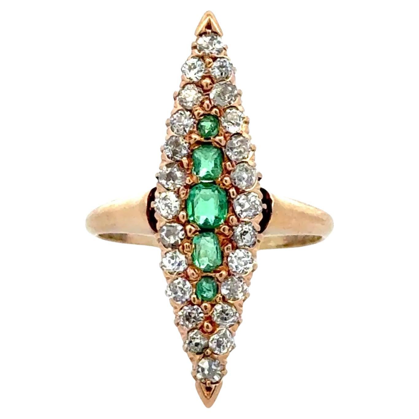 Vintage Victorian Emerald and Diamond Gold Navette Ring