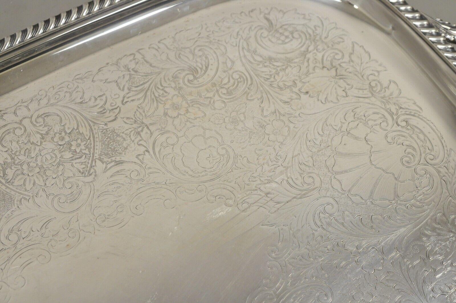 Vintage Victorian EPC Silver Plated Etched Twin Handle Serving Platter Tray For Sale 1