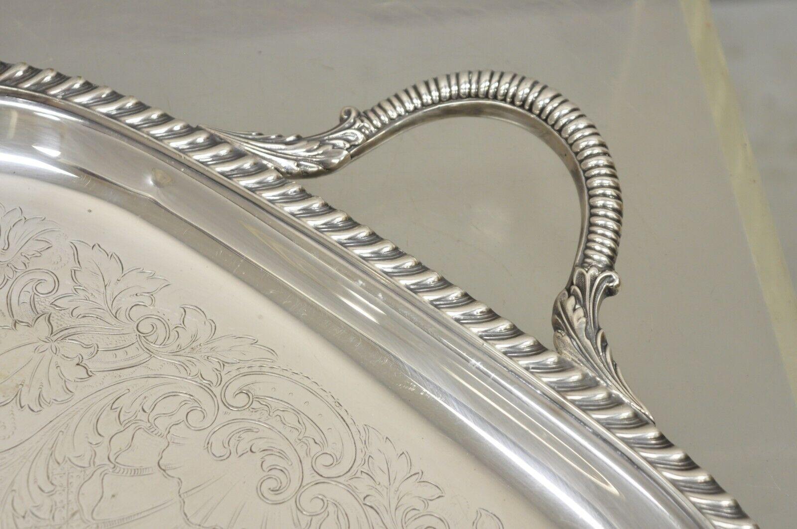 Vintage Victorian EPC Silver Plated Etched Twin Handle Serving Platter Tray For Sale 3