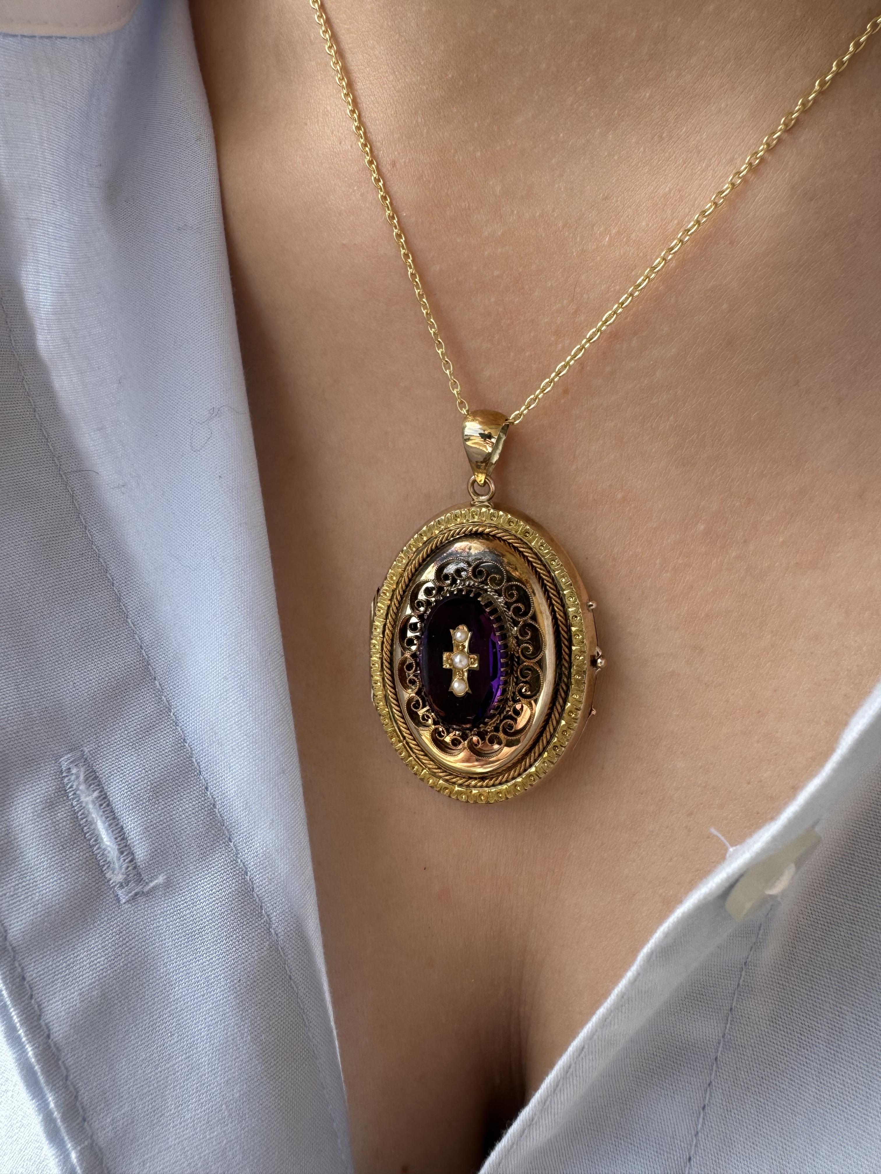 Cabochon Vintage Victorian Era Large Locket Amethyst & Pearl Cross For Sale