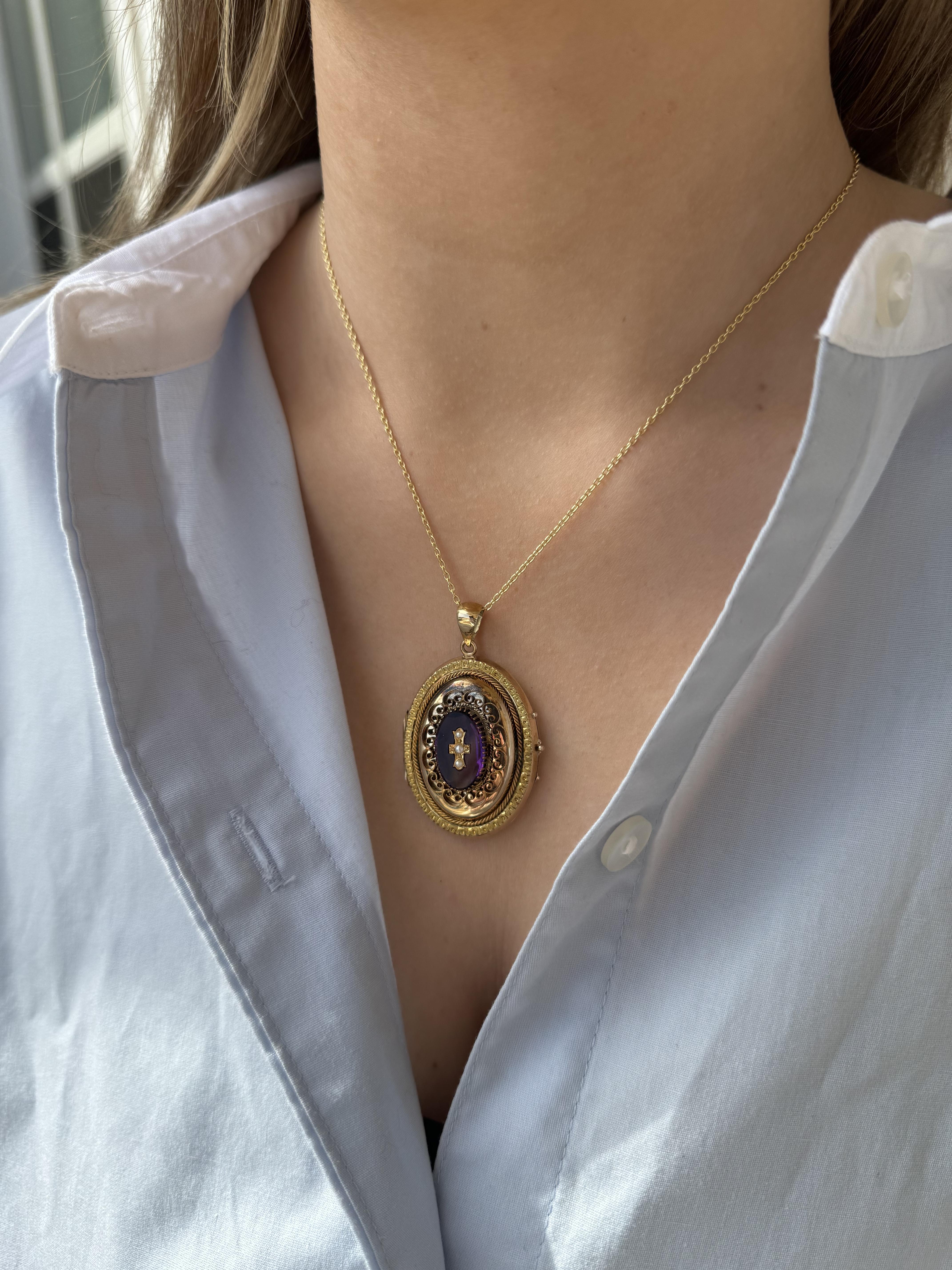 Vintage Victorian Era Large Locket Amethyst & Pearl Cross In Good Condition For Sale In Montgomery, AL