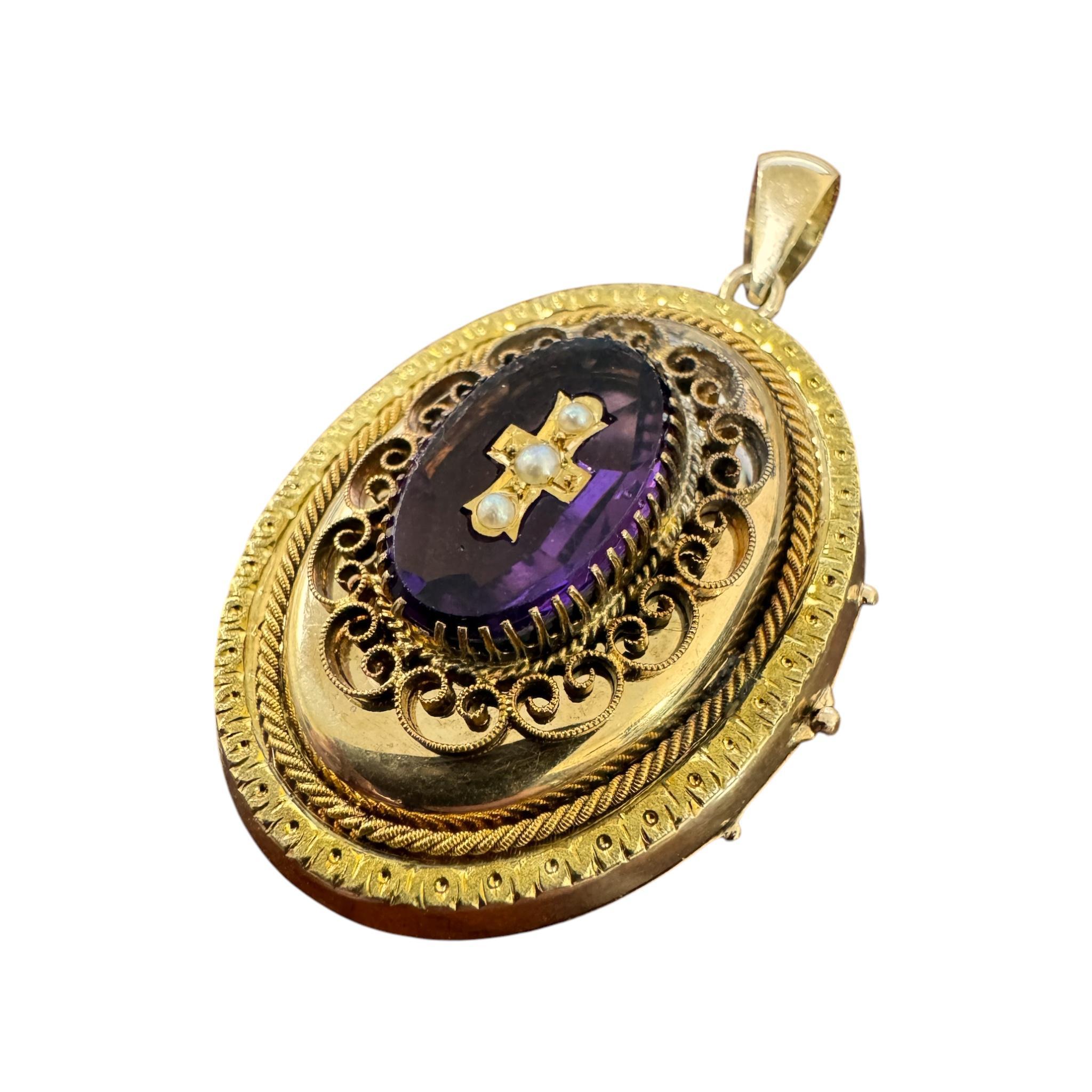 Women's Vintage Victorian Era Large Locket Amethyst & Pearl Cross For Sale