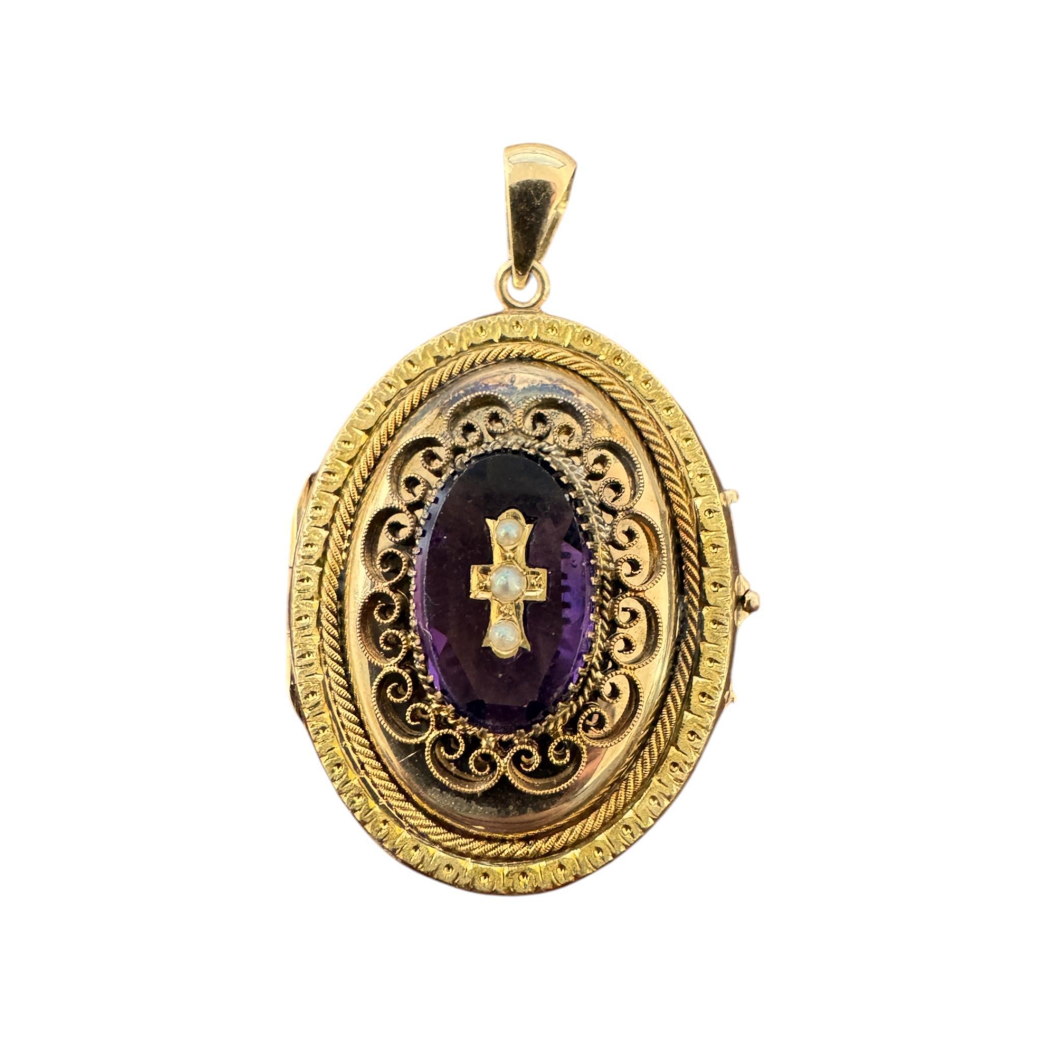 Vintage Victorian Era Large Locket Amethyst & Pearl Cross For Sale 1