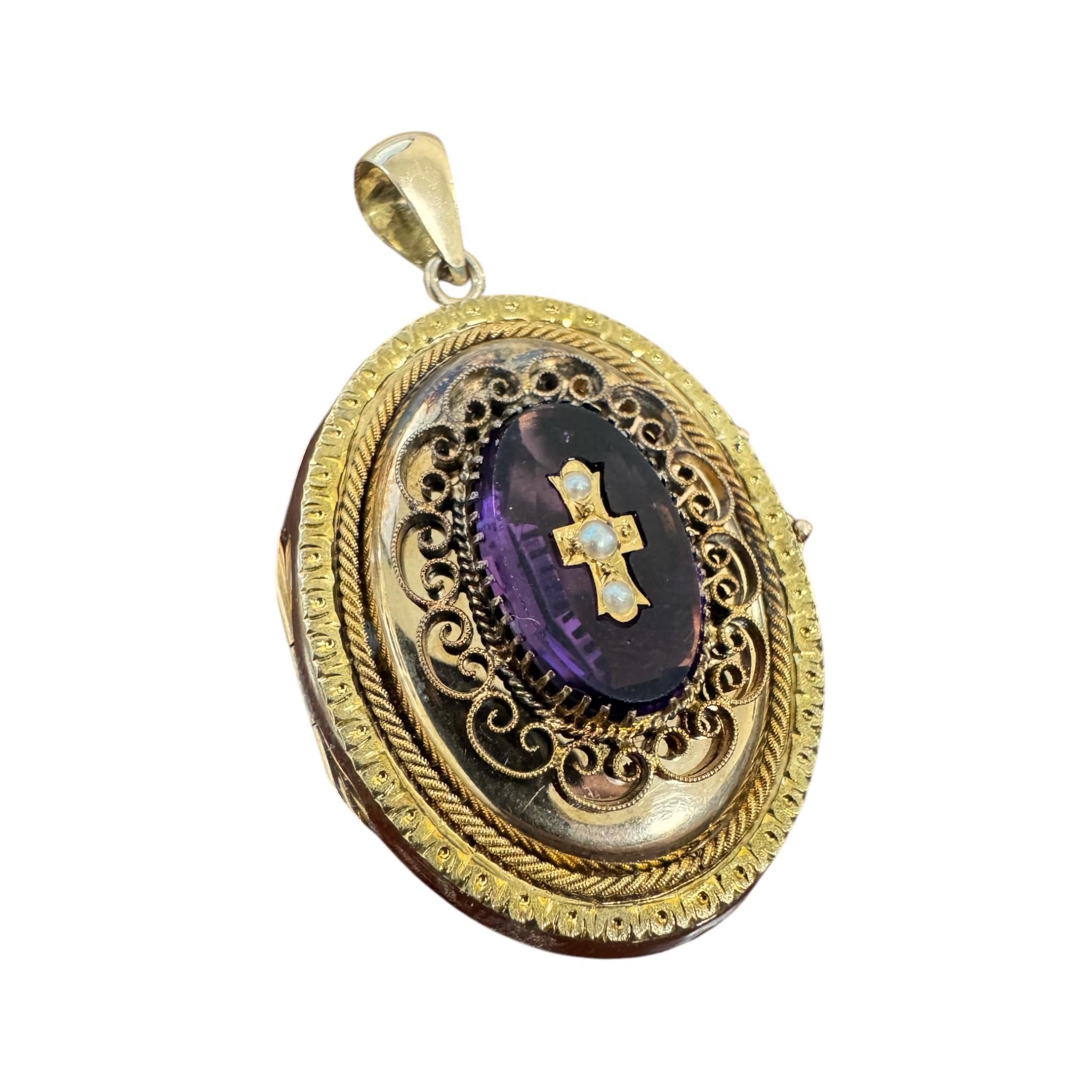 Vintage Victorian Era Large Locket Amethyst & Pearl Cross For Sale 2
