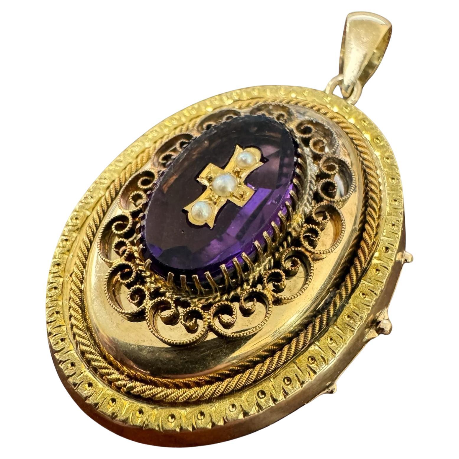Vintage Victorian Era Large Locket Amethyst & Pearl Cross For Sale