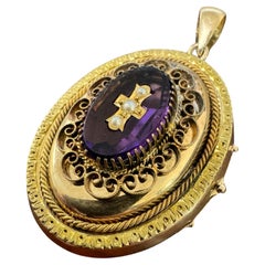 Vintage Victorian Era Large Locket Amethyst & Pearl Cross