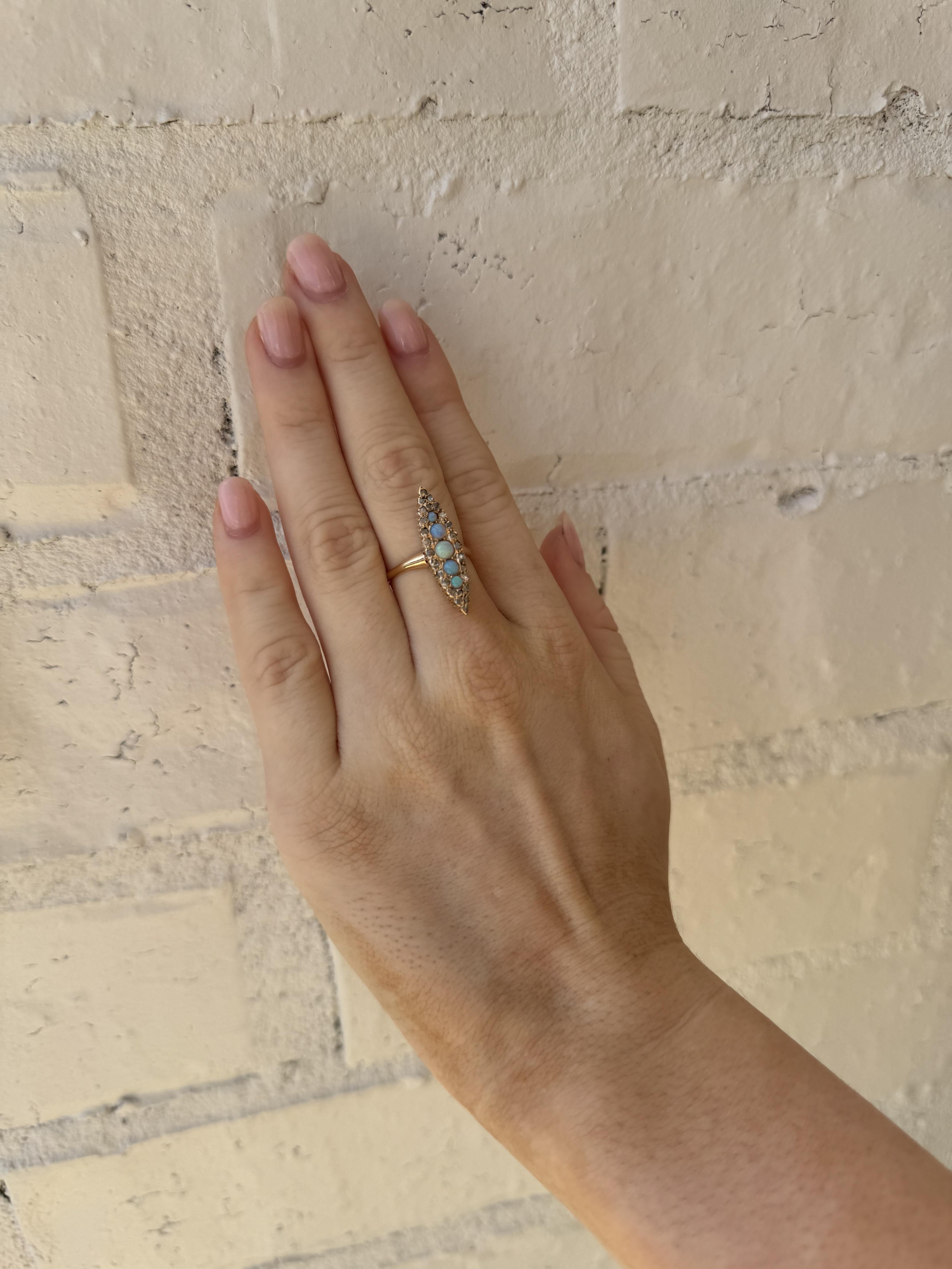 Cabochon Vintage Victorian Era Navette Style Opal & Diamond Ring For Sale