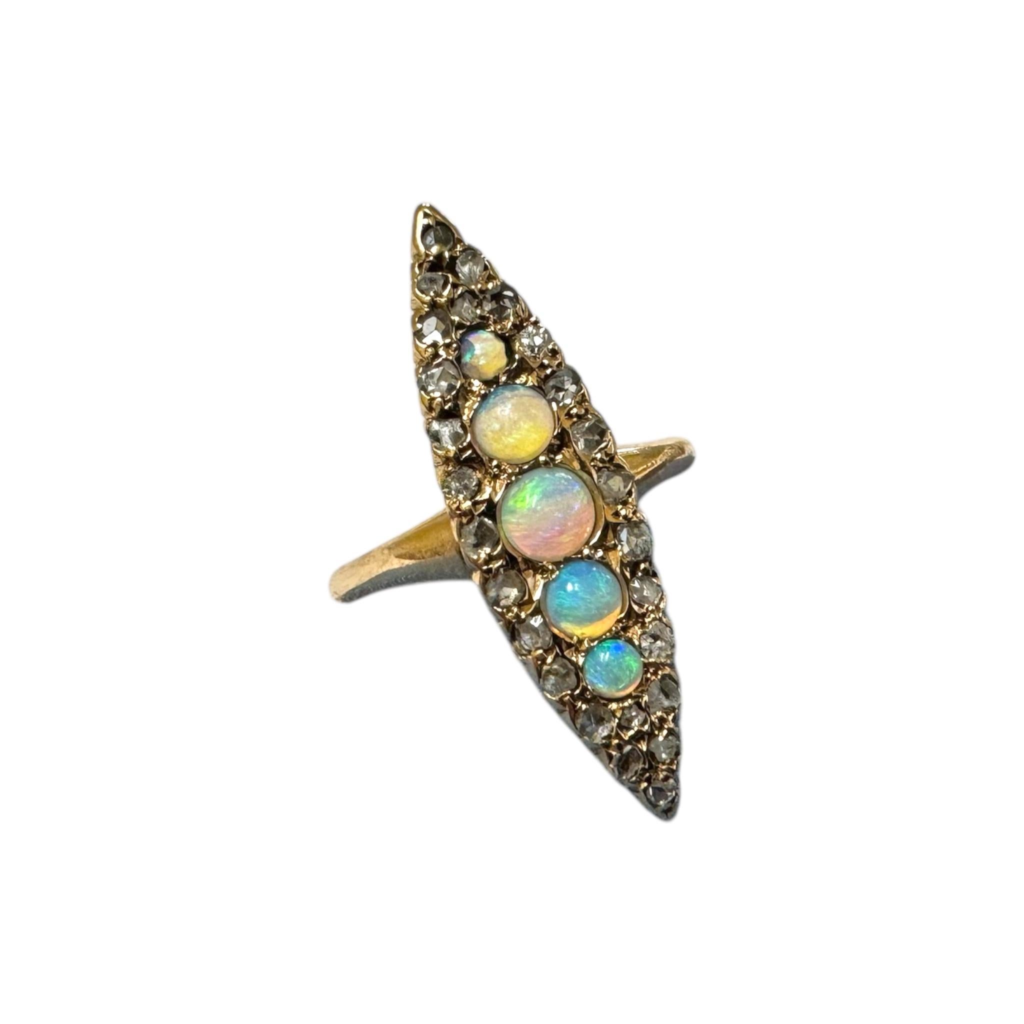 Vintage Victorian Era Navette Style Opal & Diamond Ring For Sale 1