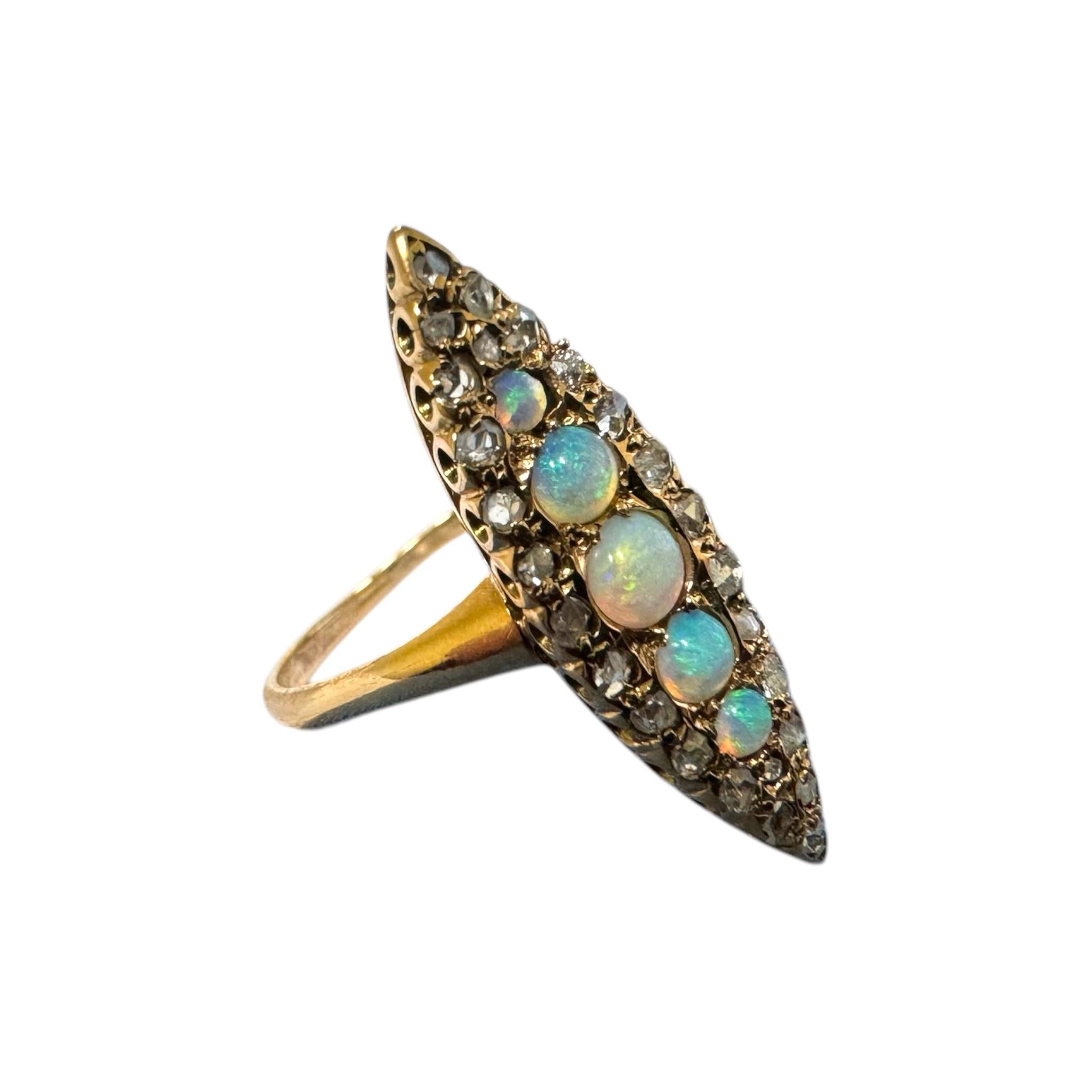 Vintage Victorian Era Navette Style Opal & Diamond Ring For Sale 2