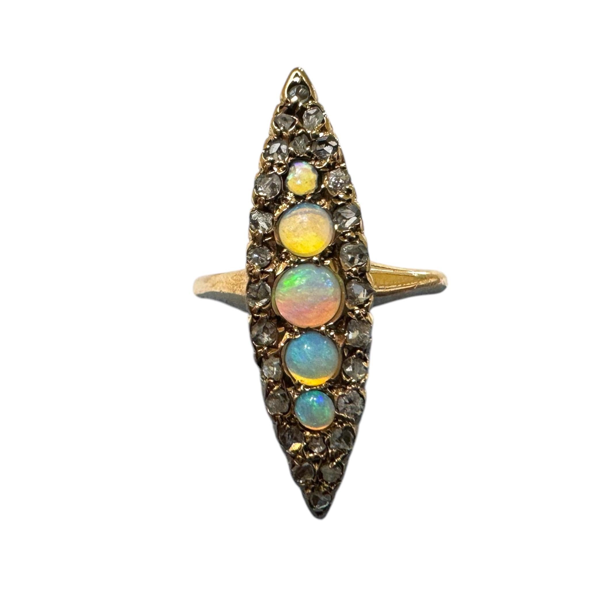 Vintage Victorian Era Navette Style Opal & Diamond Ring For Sale 4