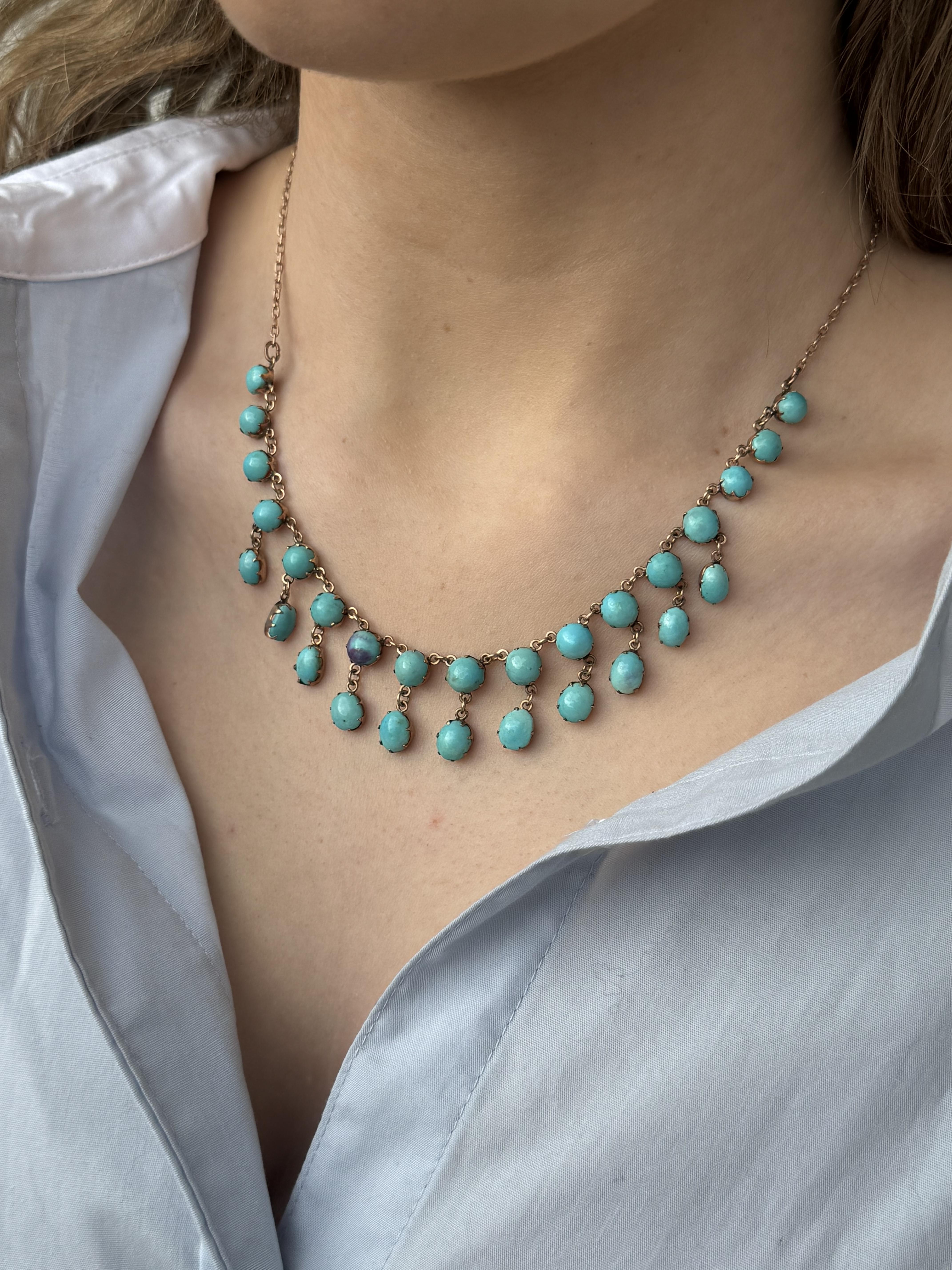 Cabochon Vintage Victorian Era Rose Gold Turquoise  Necklace