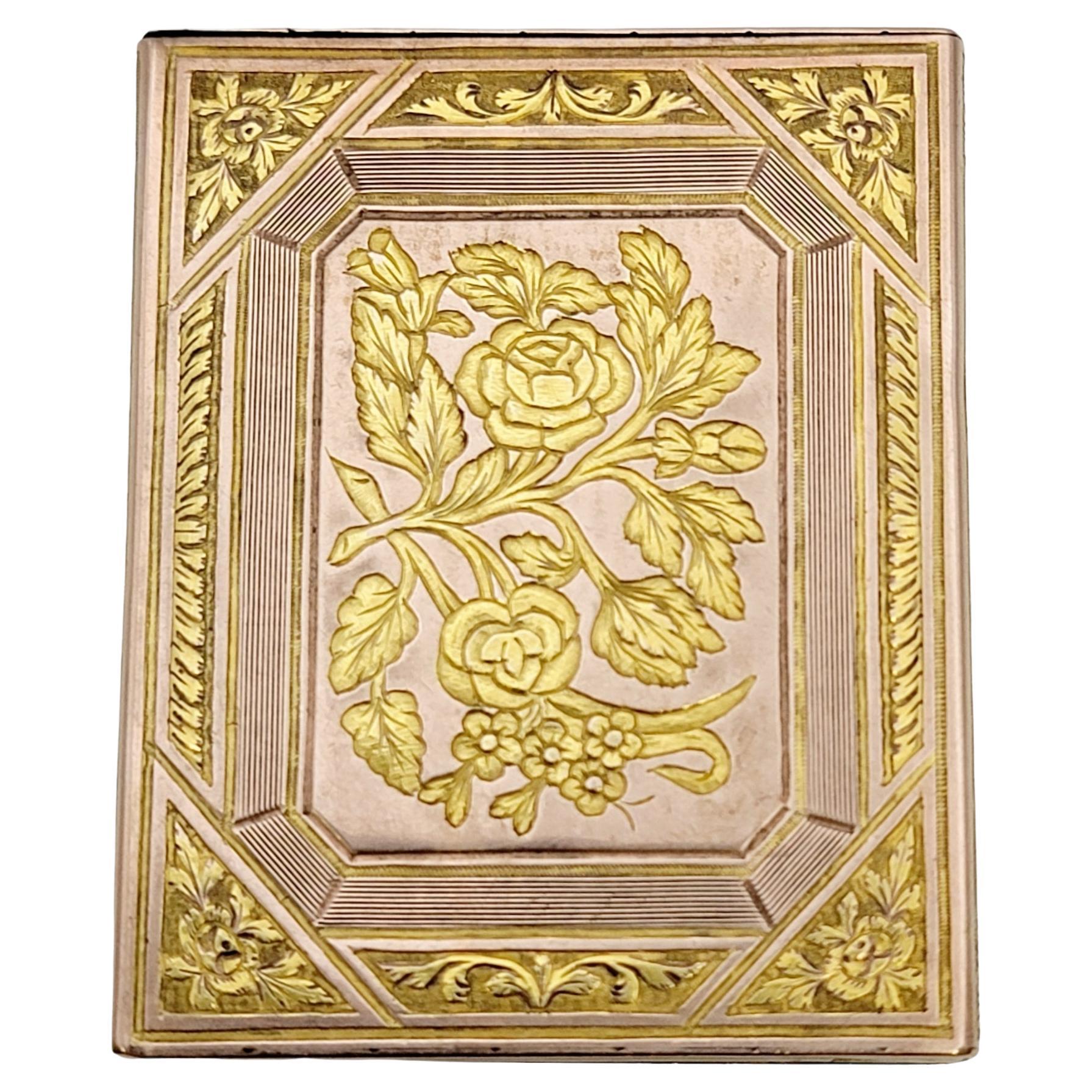 Vintage Victorian Era Snuff Box 14 Karat Yellow and Rose Gold Floral Motif For Sale