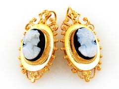 Vintage Victorian Estate Cameo Black Onyx Brooch & Earrings Set