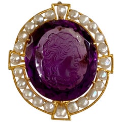 Vintage Victorian Faceted Amethyst, Pearl 14 Karat Yellow Gold Cameo Pendant Pin