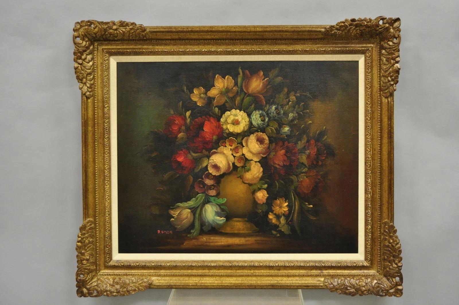 Vintage Victorian Blumenstrauß Stillleben Gemälde Öl auf Leinwand Signiert Romen im Angebot 6