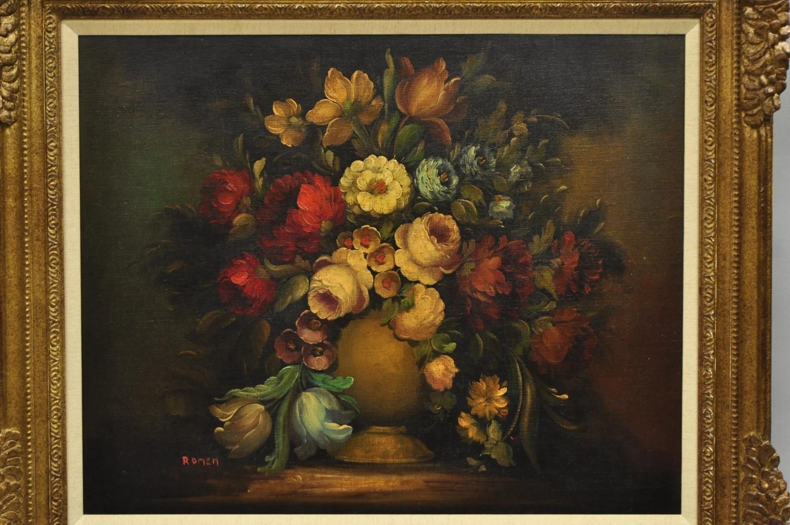 Vintage Victorian Blumenstrauß Stillleben Gemälde Öl auf Leinwand Signiert Romen (Viktorianisch) im Angebot