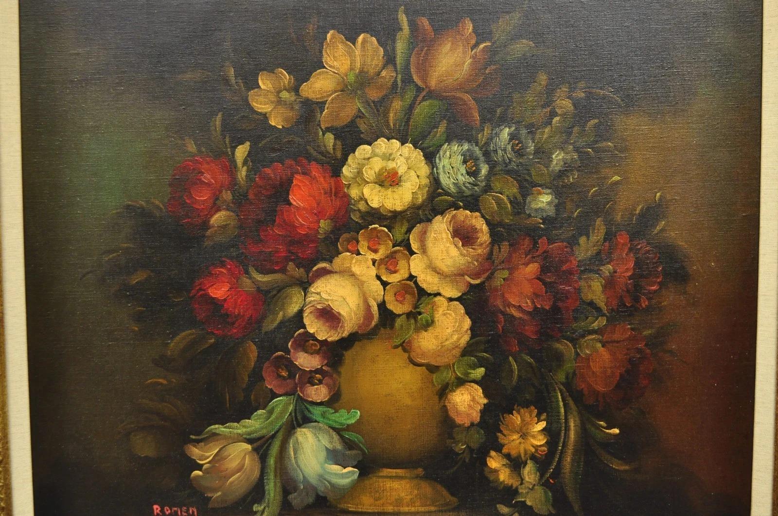 Vintage Victorian Blumenstrauß Stillleben Gemälde Öl auf Leinwand Signiert Romen (Unbekannt) im Angebot