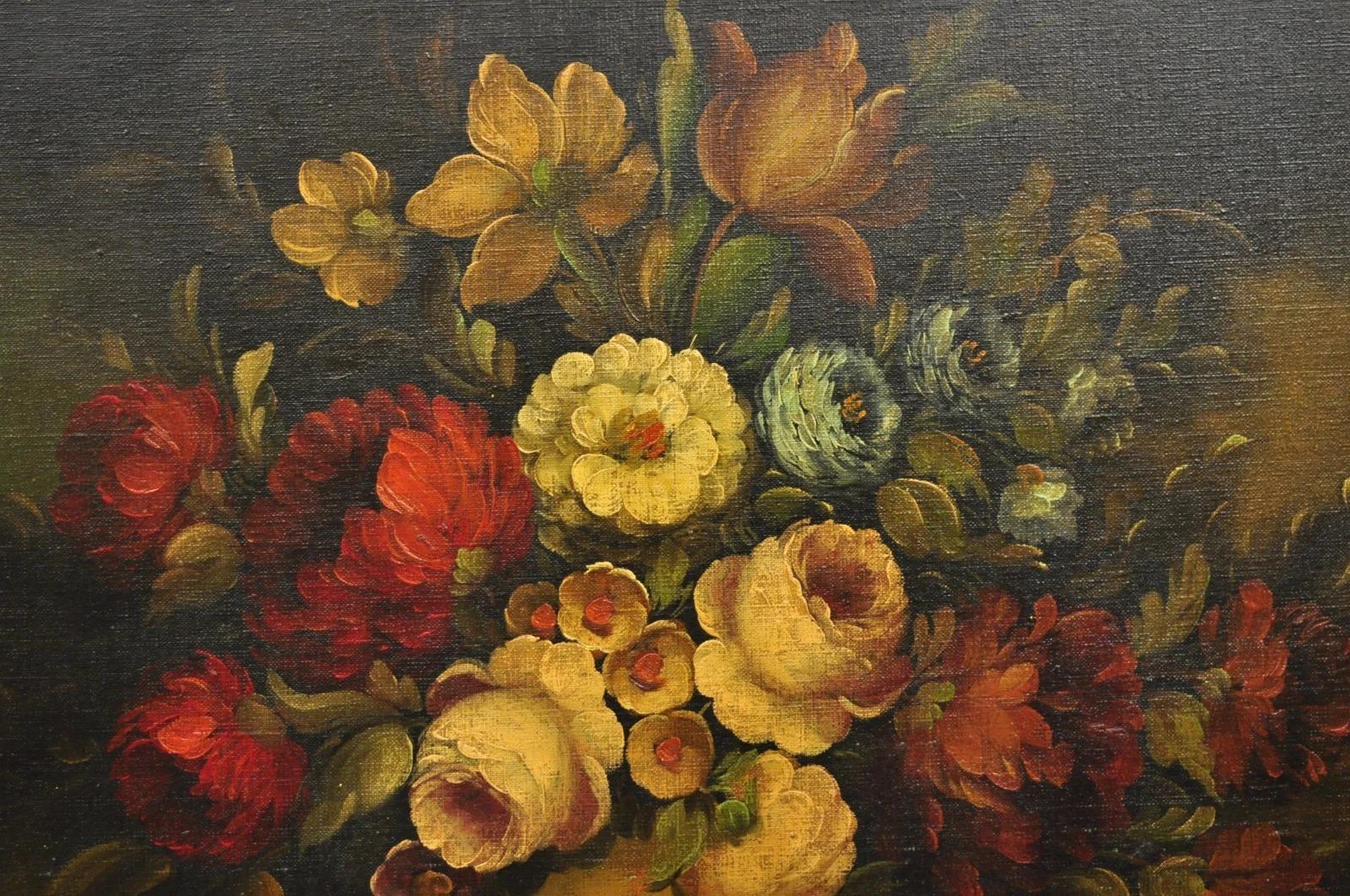 Vintage Victorian Blumenstrauß Stillleben Gemälde Öl auf Leinwand Signiert Romen im Zustand „Gut“ im Angebot in Philadelphia, PA