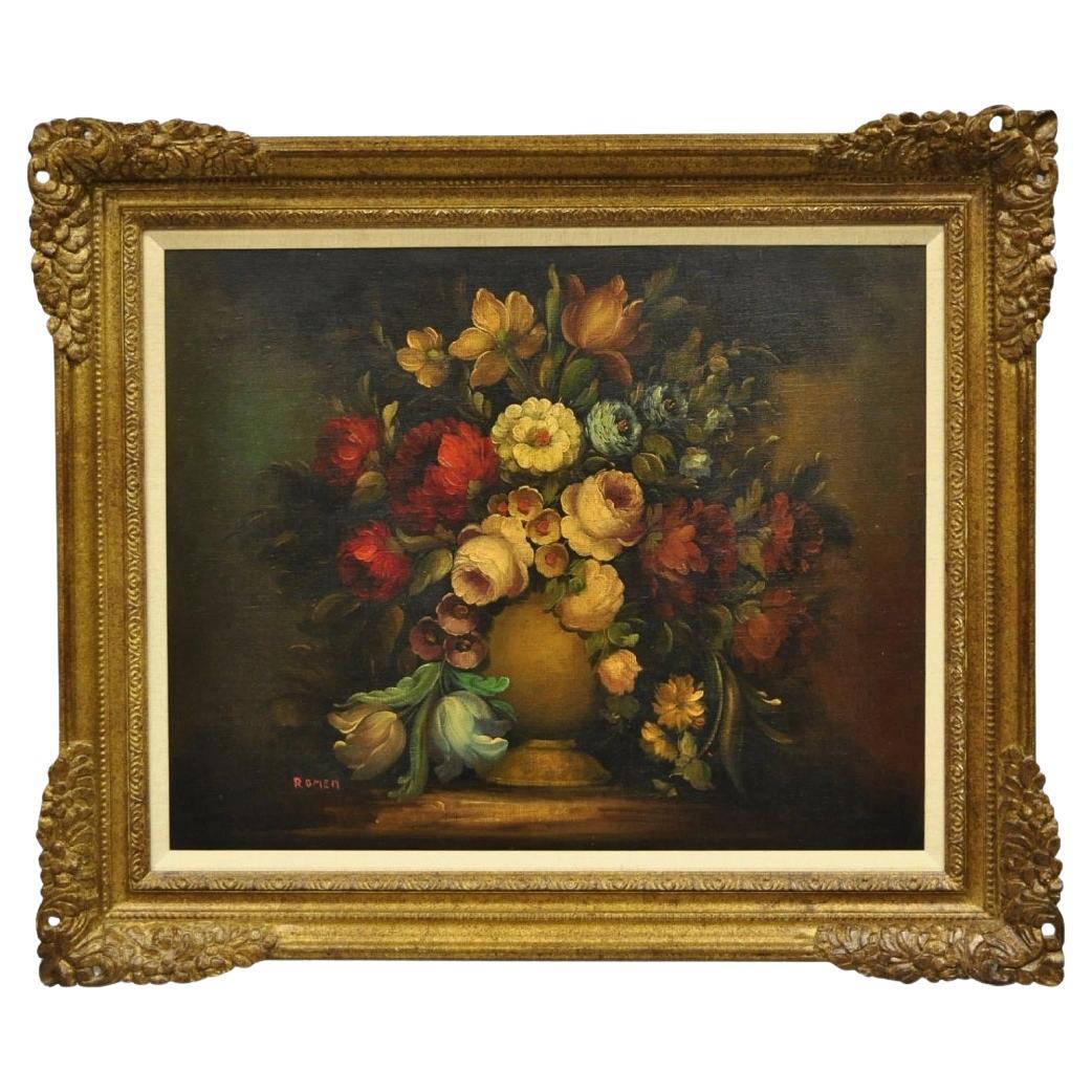 Vintage Victorian Blumenstrauß Stillleben Gemälde Öl auf Leinwand Signiert Romen im Angebot